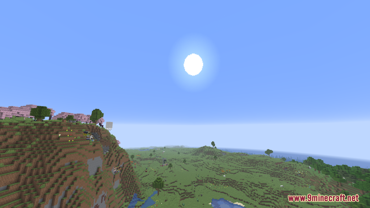 Round Sun & Moon Resource Pack Screenshot 1 A round sun shines over a vast grassy landscape with cherry blossom trees