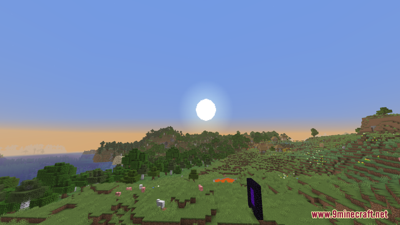 Round Sun & Moon Resource Pack Screenshot 3 A circular sun shines over a Minecraft landscape featuring a nether portal
