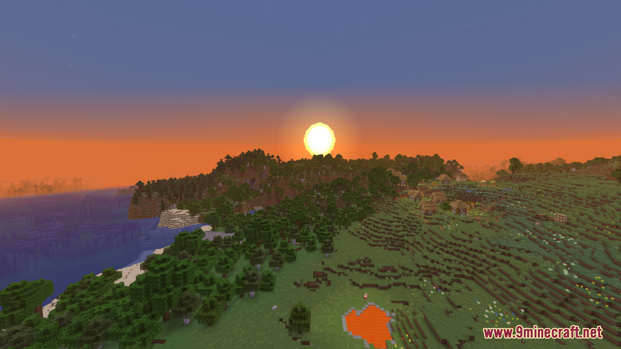 Round Sun & Moon Resource Pack Screenshot 4 A smooth round sun sets over a scenic Minecraft village and coastal forest