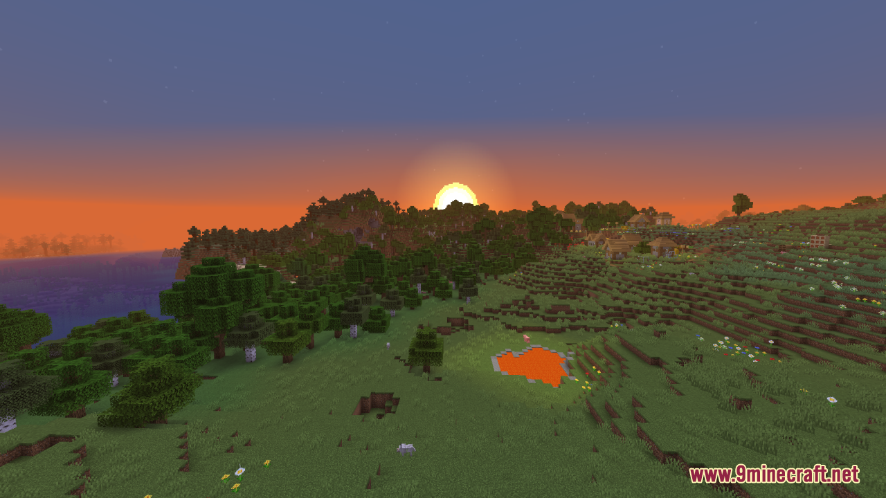 Round Sun & Moon Resource Pack Screenshot 5 A round sun sets behind a forest and hills in a Minecraft landscape