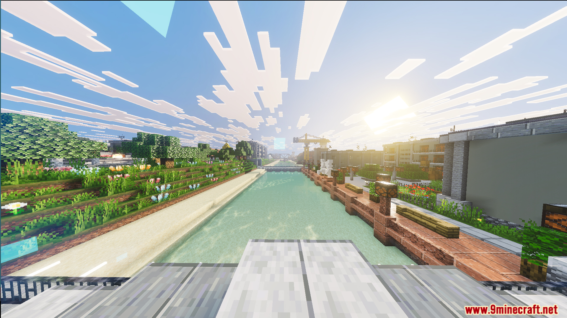 Russ Big City Reborn Map Screenshot 5 A peaceful river canal with a wooden walkway and flowers at sunset