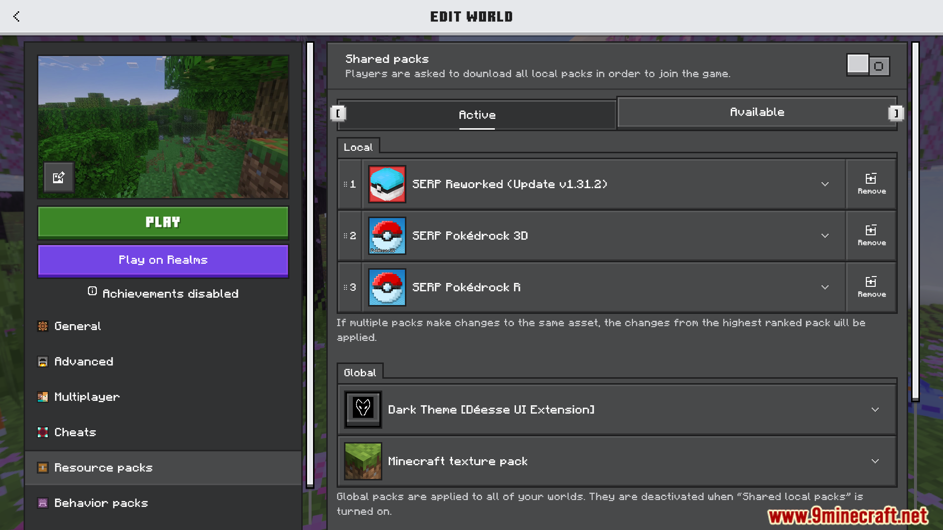 Minecraft edit world screen showing active SERP Reworked and Pokedrock resource packs