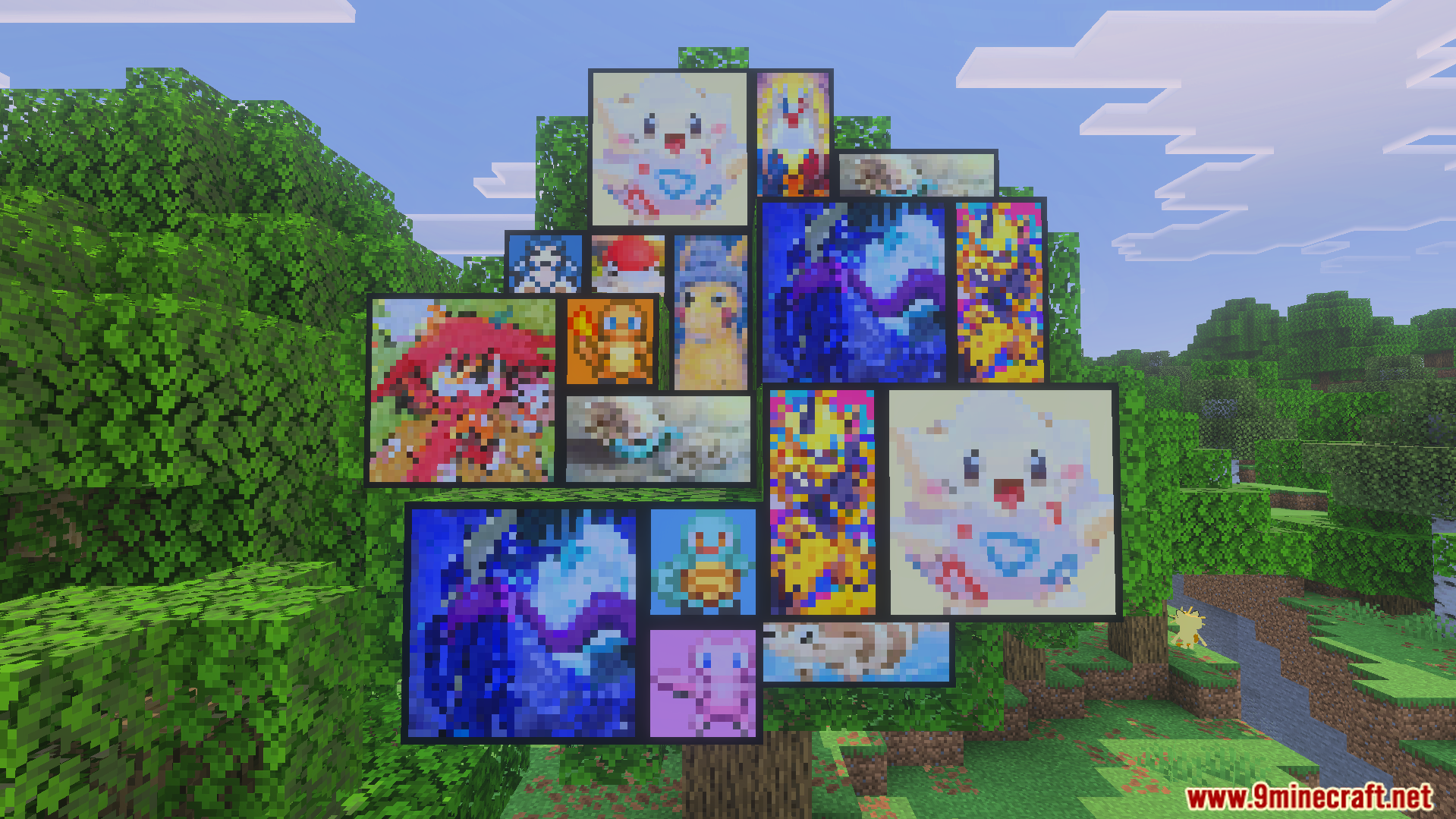 Multiple custom pixel art paintings of Pokemon attached to a leafy tree