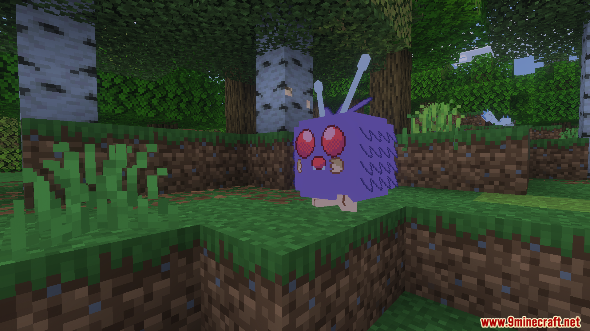 A detailed Venonat model standing on grass in a birch forest environment