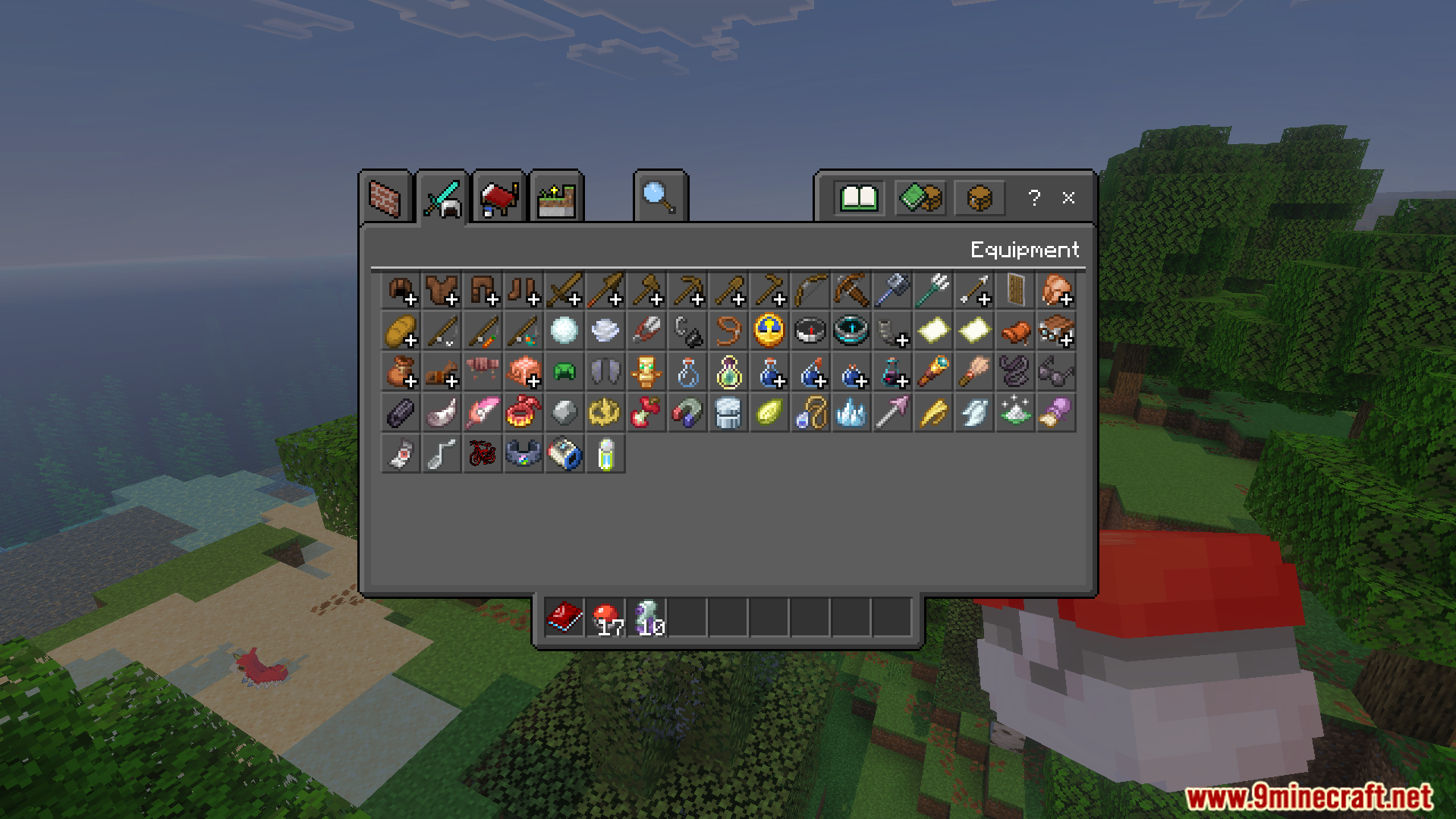 Minecraft creative inventory equipment tab showing custom Pokedrock themed tools and armor