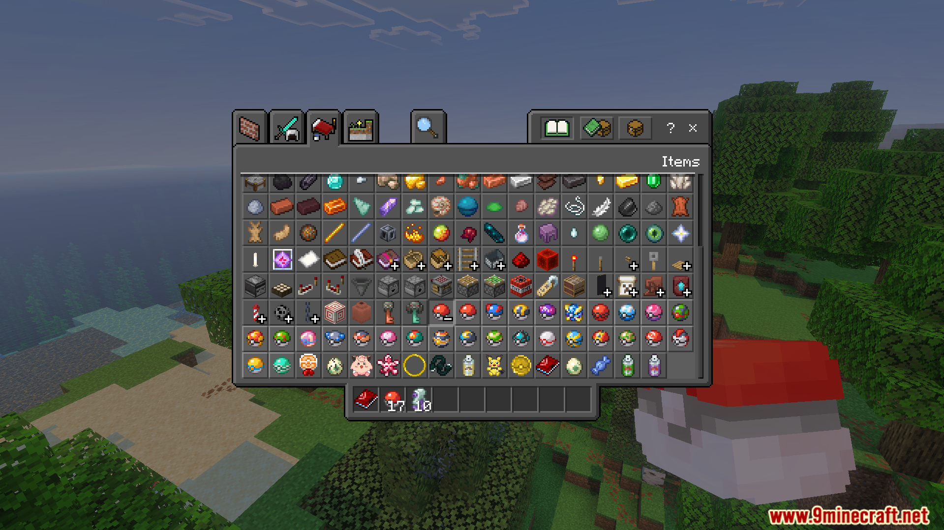 Minecraft creative inventory items tab displaying various custom Pokeballs and Mega Stones