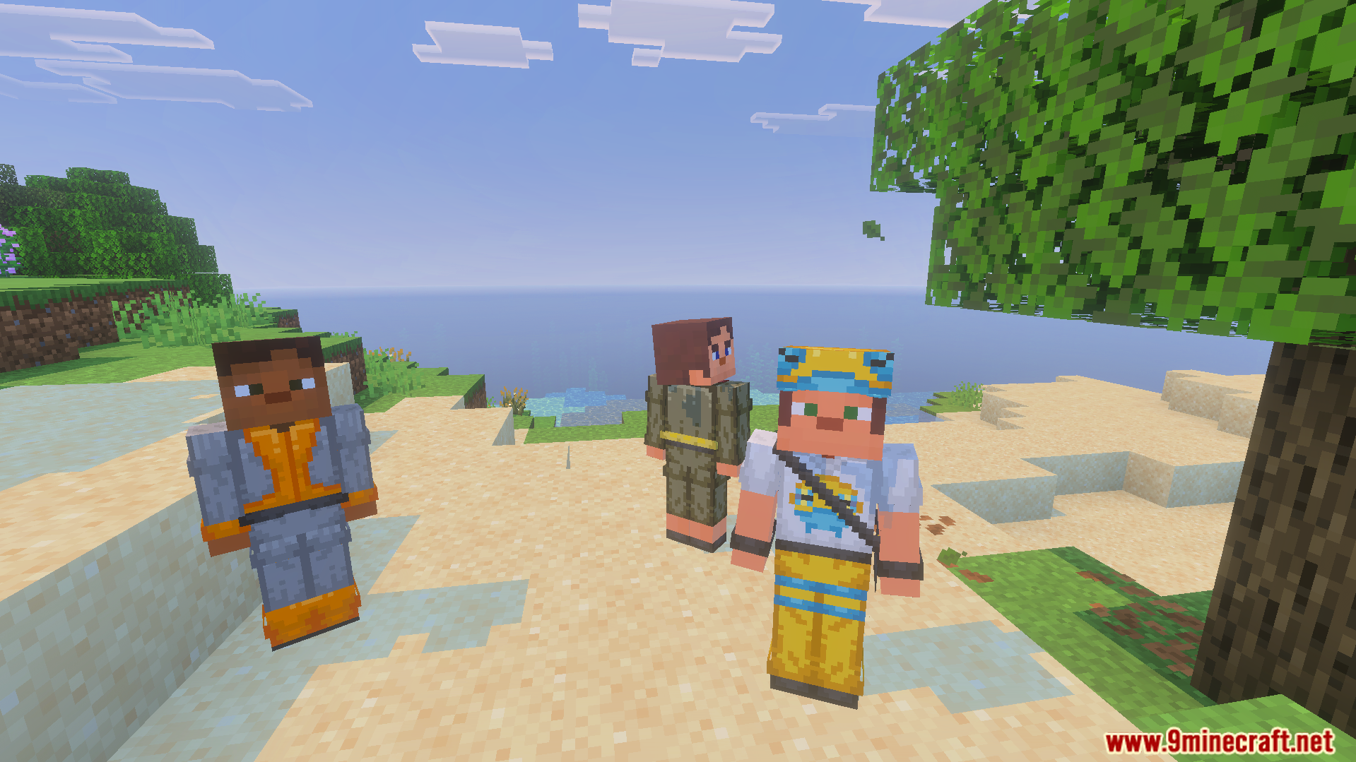 Three players wearing custom trainer skins standing on a beach in Minecraft