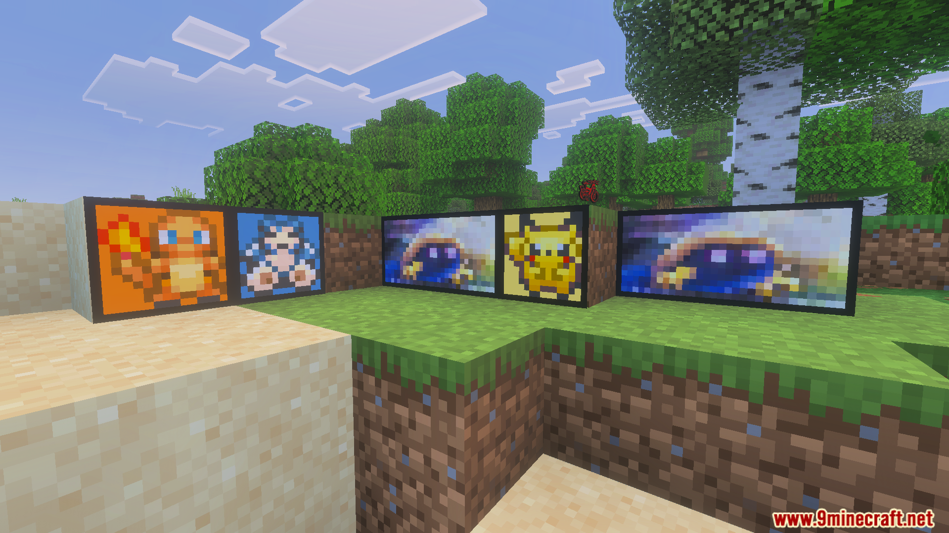 Various Pokemon themed paintings placed on grass blocks in a Minecraft world