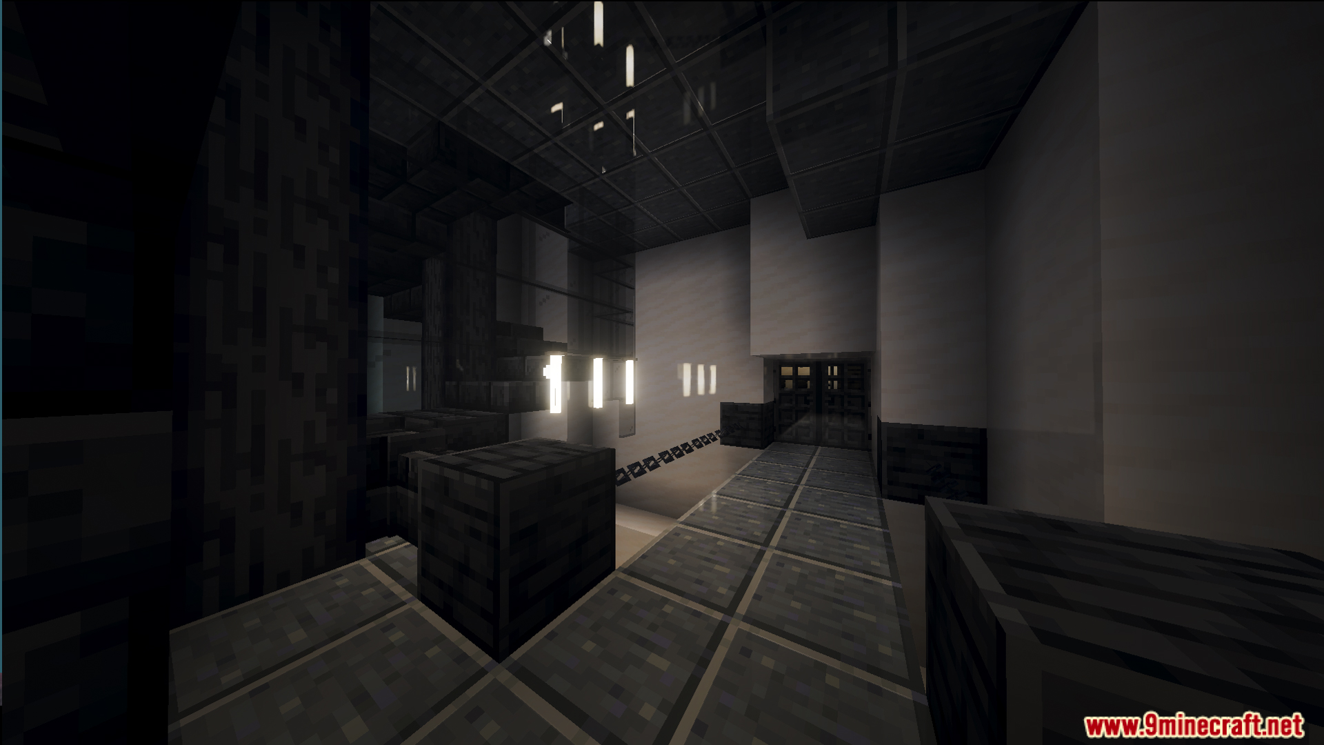 Dark interior of a research facility in the SURVIVE UNDERWATER Map