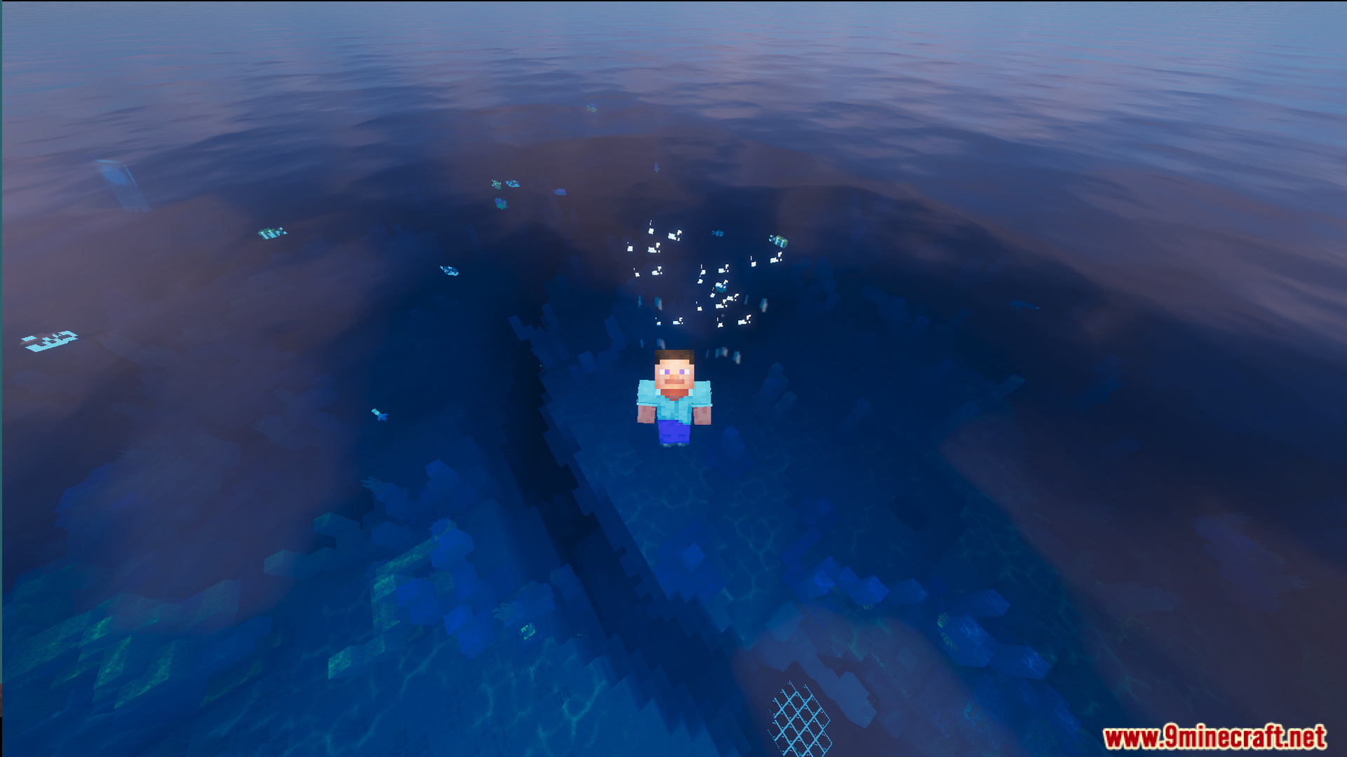 Player character Steve floating above a dark abyss in the endless ocean biome