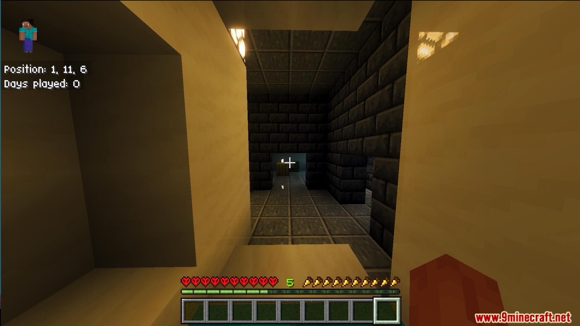 Player exploring a dark underwater research facility made of stone bricks