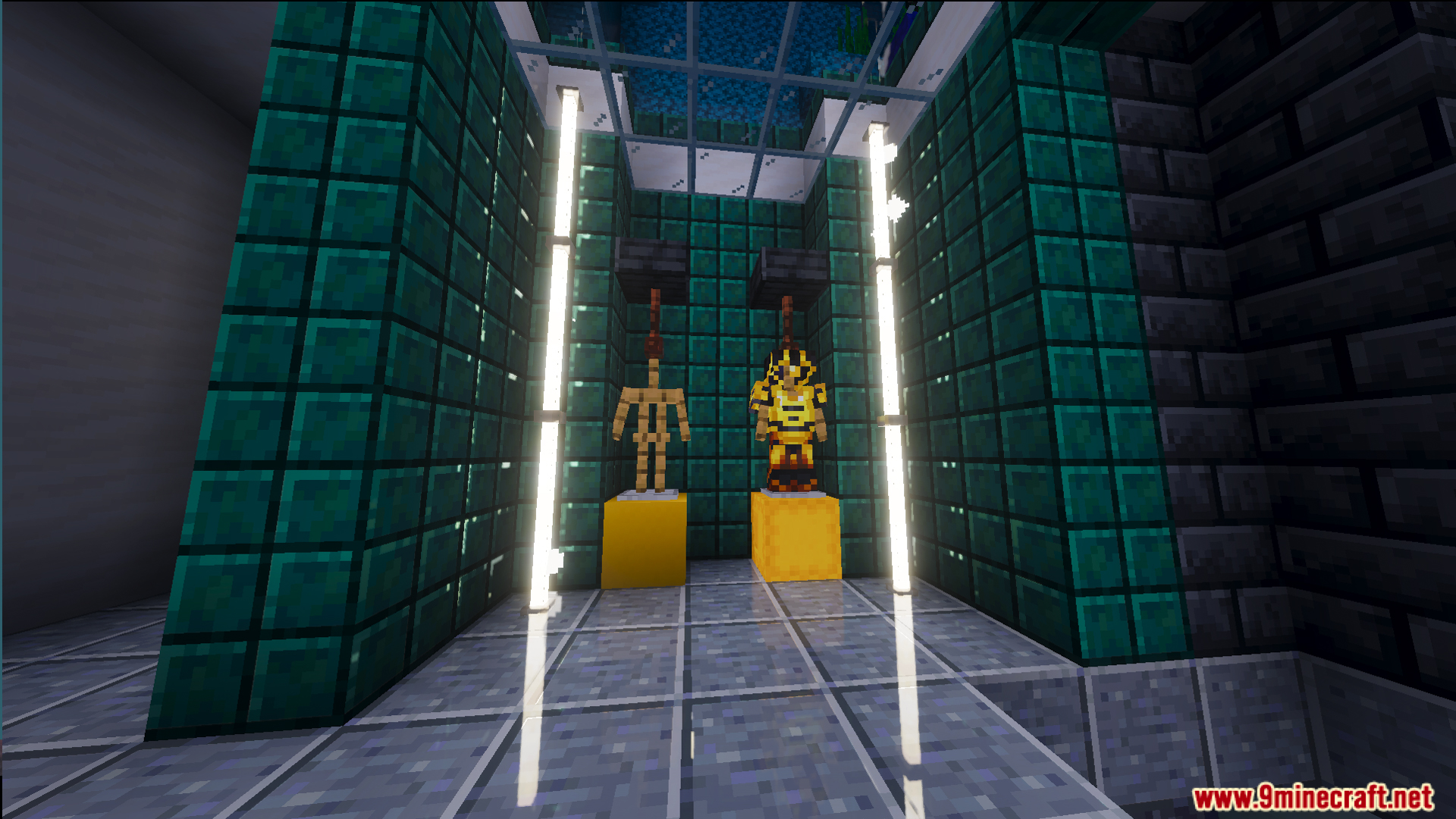 Two armor stands displaying special armor sets inside an underwater research facility