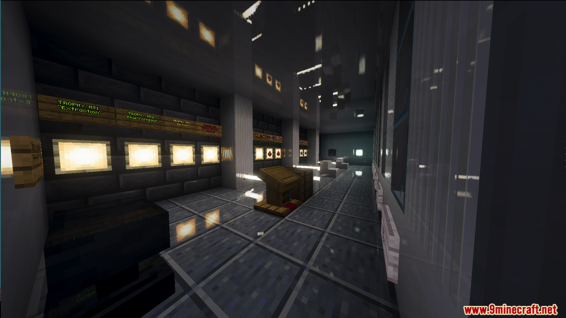 Trophy room with glowing display cases and signs in the SURVIVE UNDERWATER Map