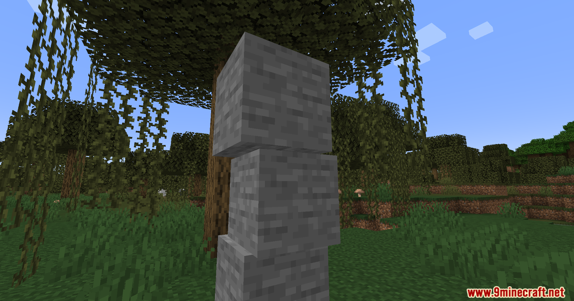 Sable Mod Screenshot 1 A vertical stack of stone blocks standing in a swamp biome forest