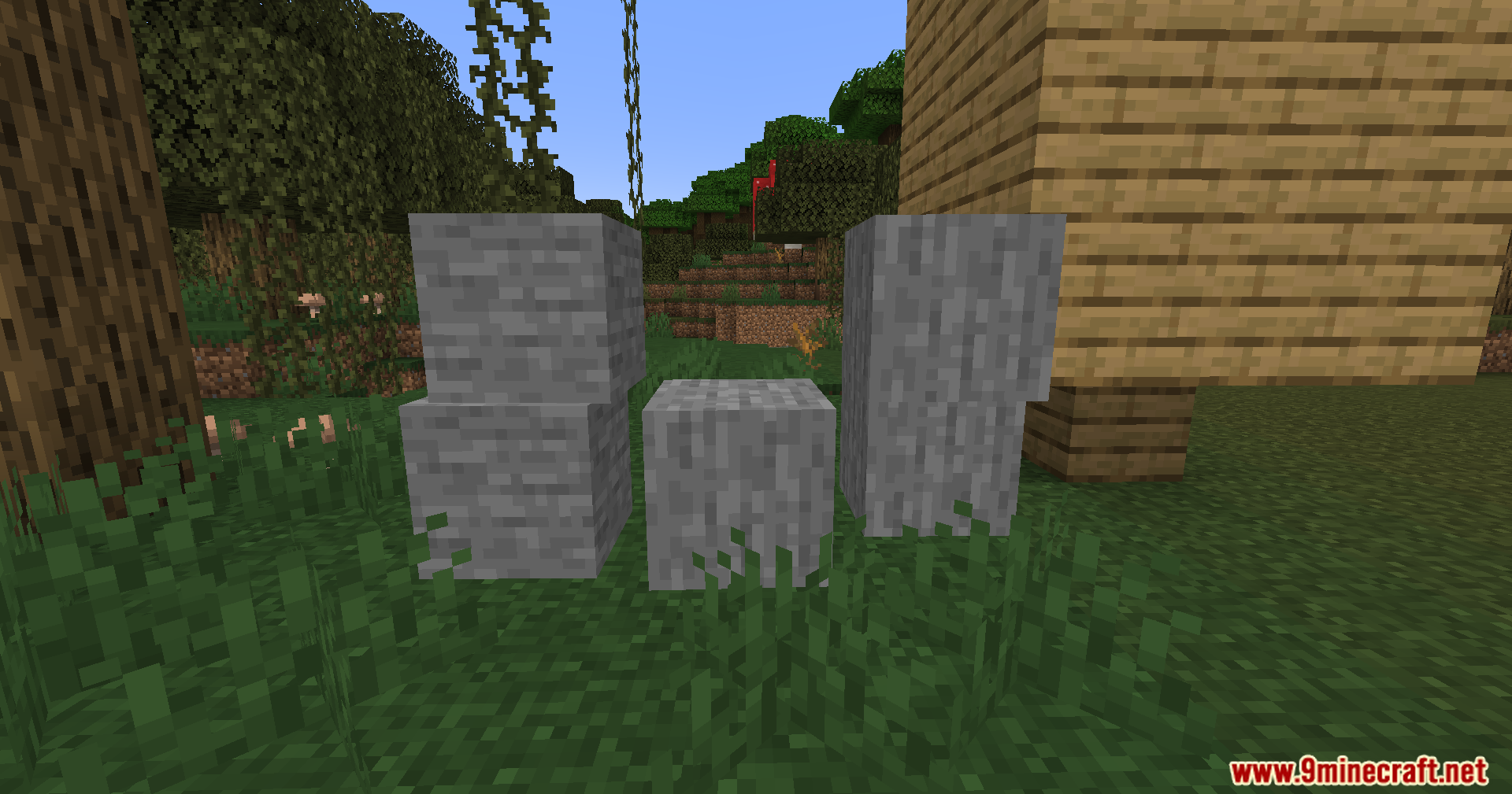 Sable Mod Screenshot 4 Three stone blocks forming a small structure in a Minecraft forest clearing