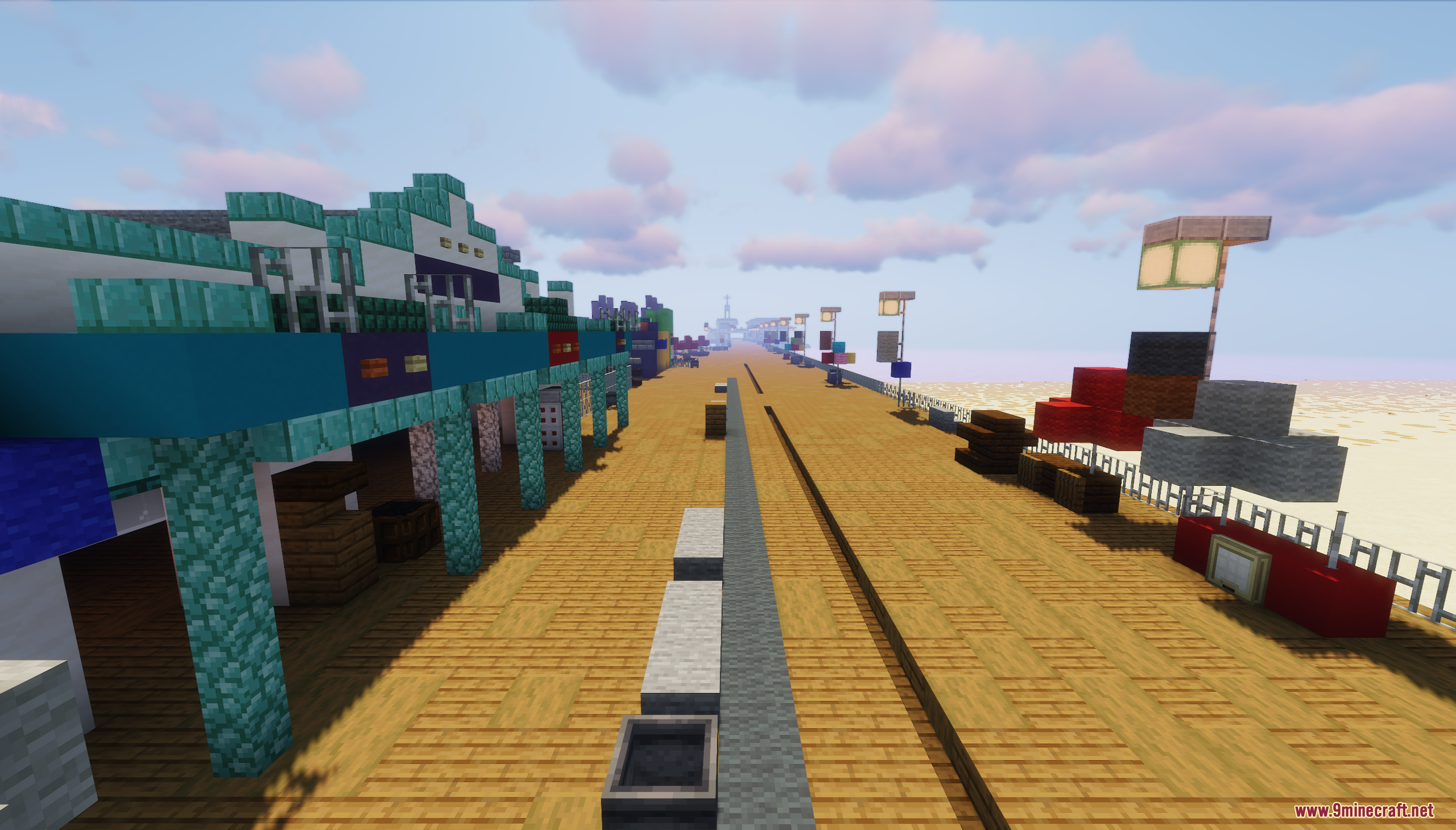 Santa Monica Pier Map Screenshot 6 A wide wooden boardwalk with teal buildings and various stalls on the side