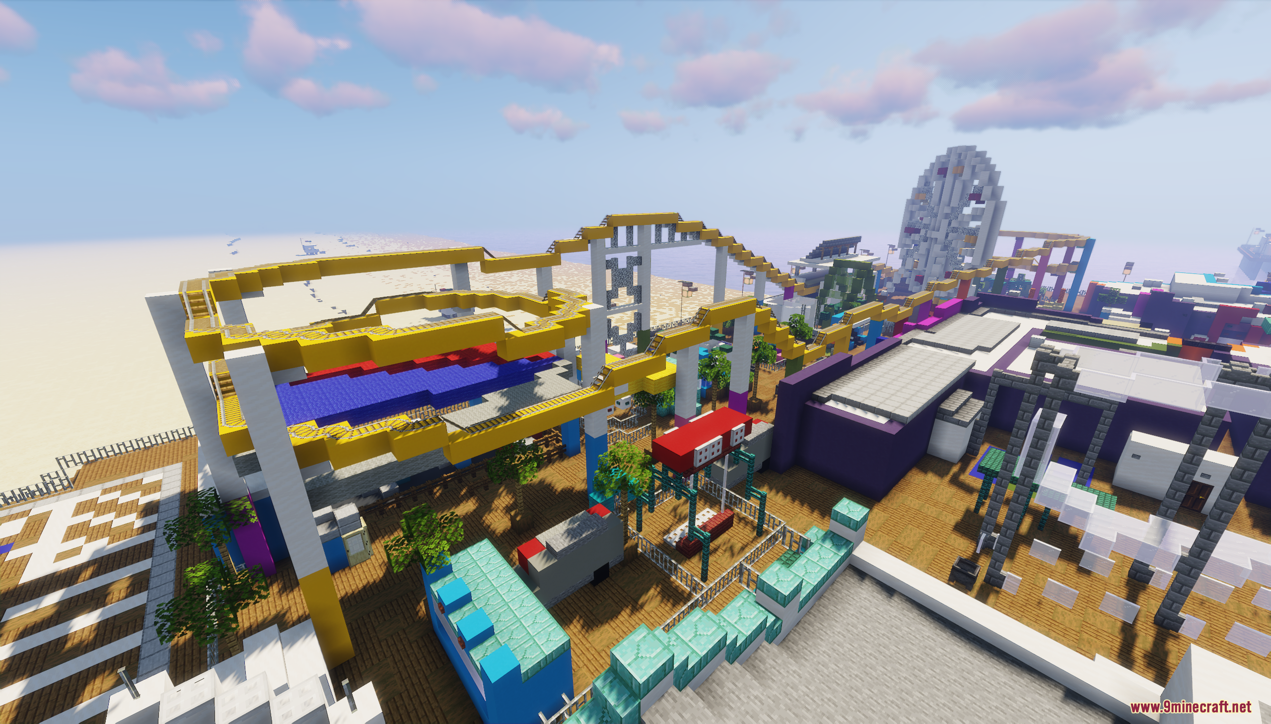 Santa Monica Pier Map Screenshot 7 Minecraft recreation of the Santa Monica Pier with a yellow roller coaster