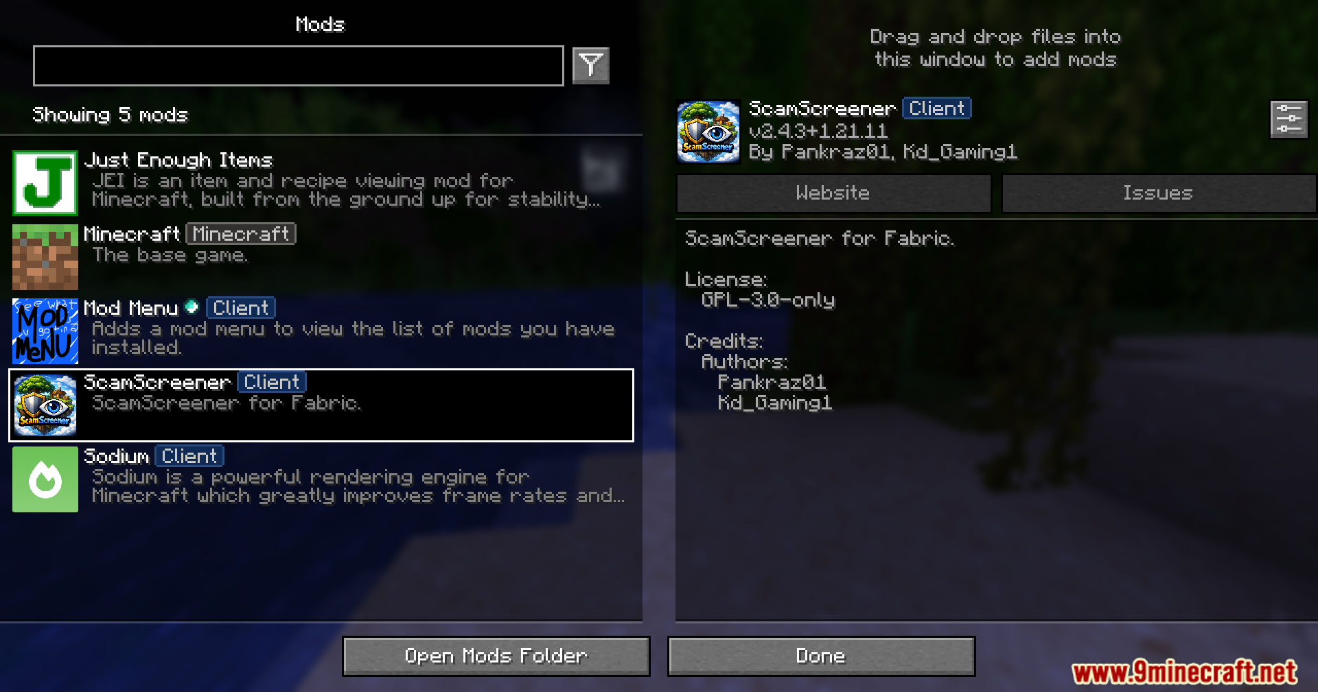 ScamScreener for Hypixel Skyblock Mod Screenshot 1 A Minecraft mod menu screen displaying the ScamScreener client and other mods