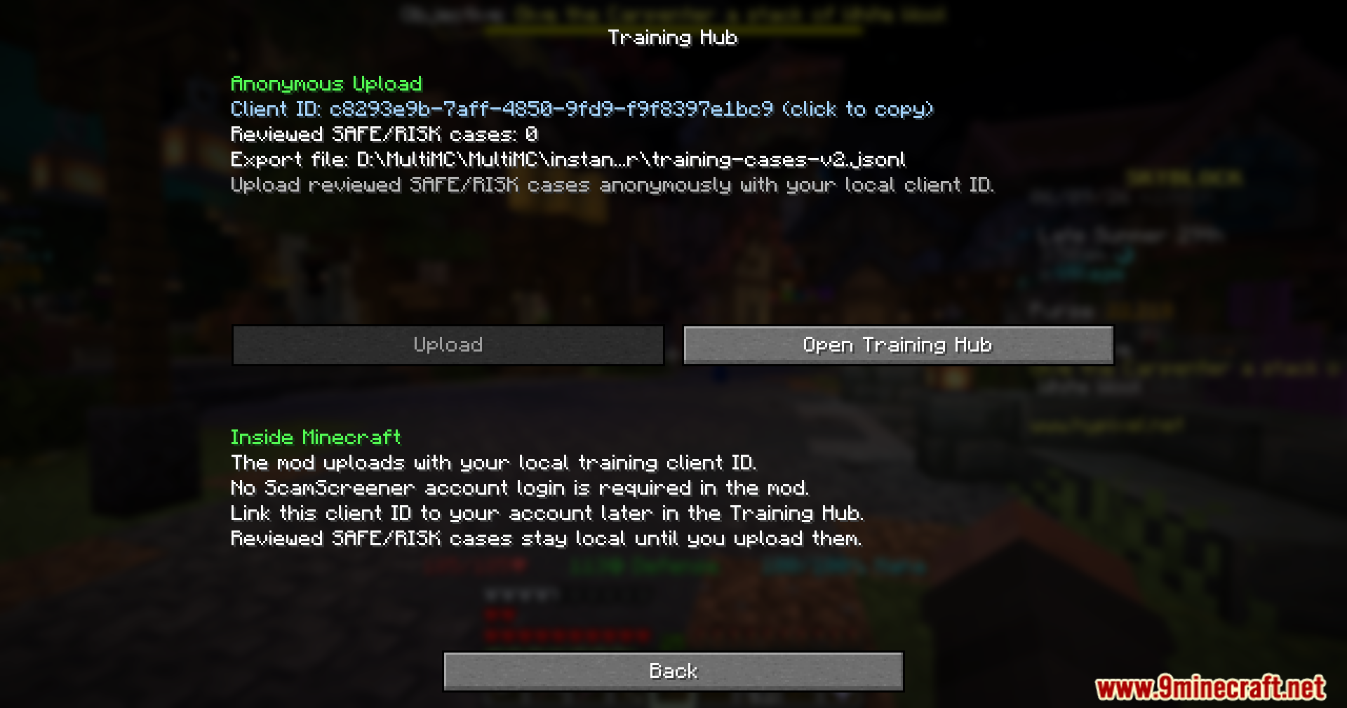 ScamScreener for Hypixel Skyblock Mod Screenshot 11 A menu screen for uploading reviewed chat cases to the training hub anonymously