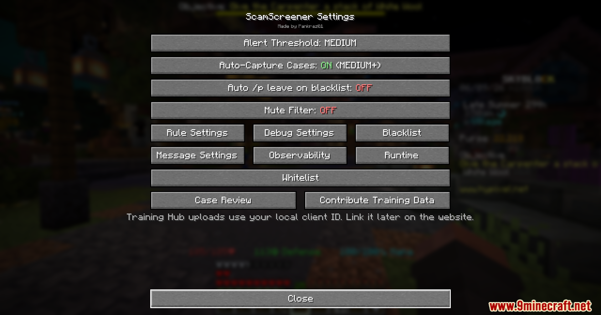 ScamScreener for Hypixel Skyblock Mod Screenshot 12 ScamScreener settings menu showing alert thresholds and various configuration options for players