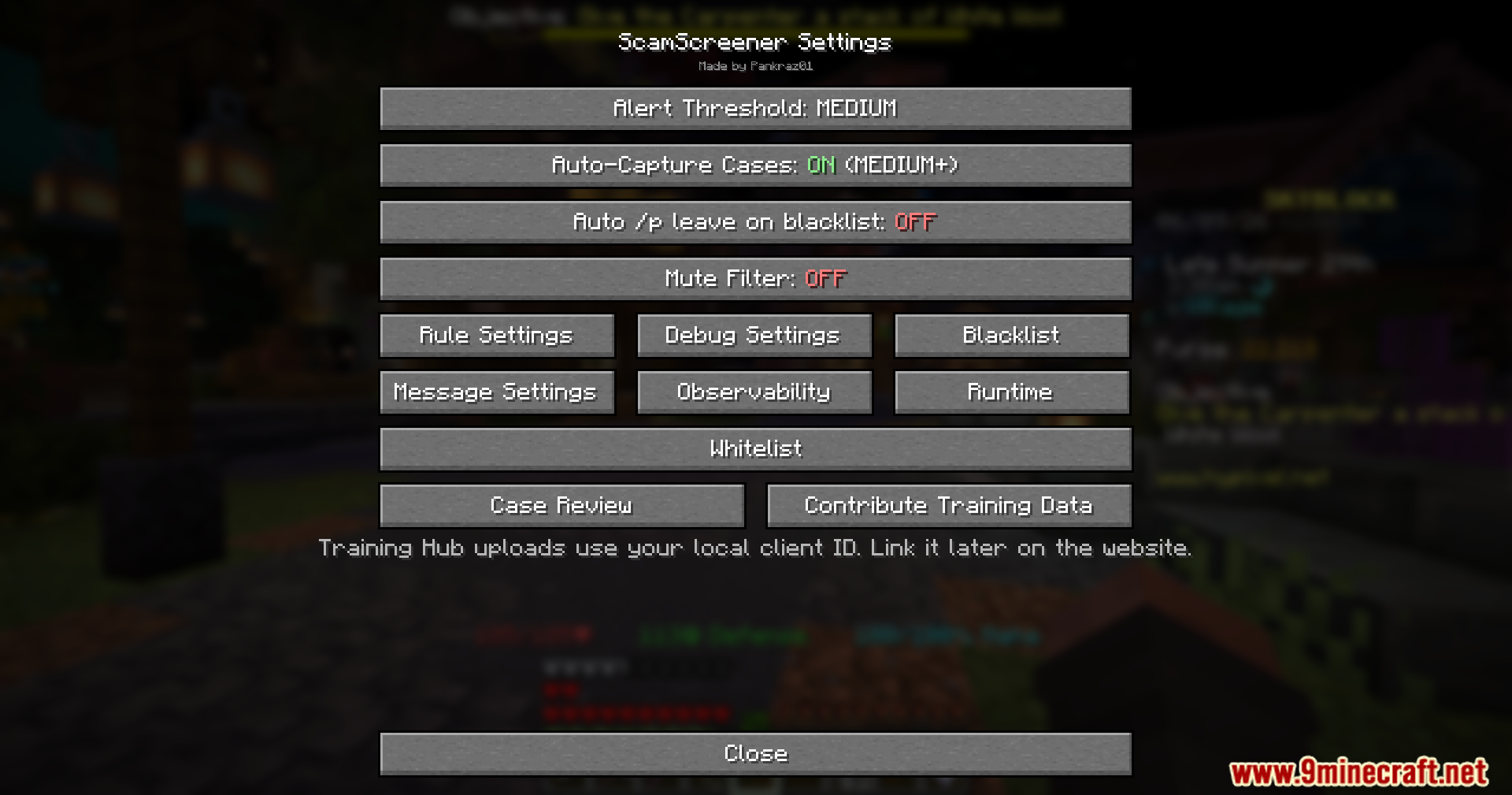 ScamScreener for Hypixel Skyblock Mod Screenshot 2 The ScamScreener settings menu showing various configuration buttons for chat security