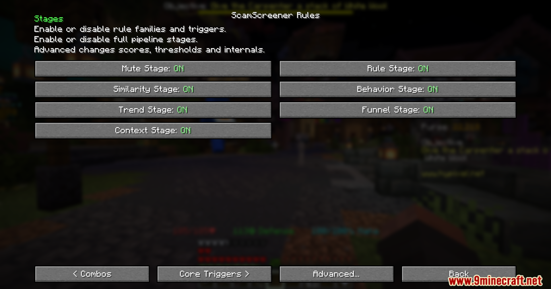ScamScreener for Hypixel Skyblock Mod Screenshot 3 Minecraft interface displaying multiple rule stage toggles set to the on position