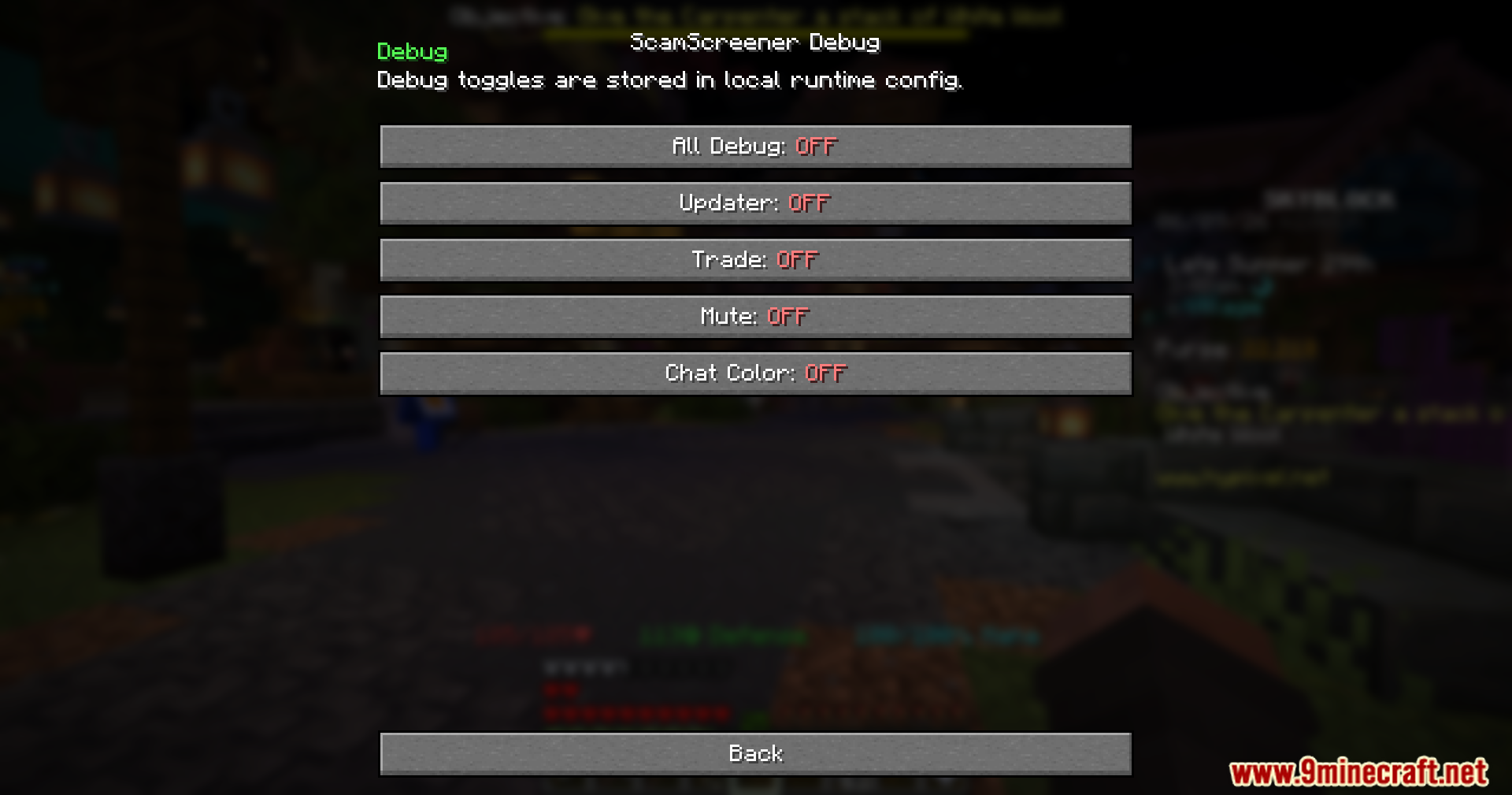 ScamScreener for Hypixel Skyblock Mod Screenshot 4 A debug menu screen showing various system toggles currently turned off