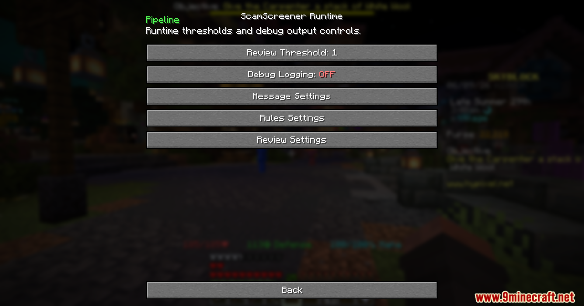 ScamScreener for Hypixel Skyblock Mod Screenshot 6 Minecraft configuration screen for runtime thresholds and message filtering rules
