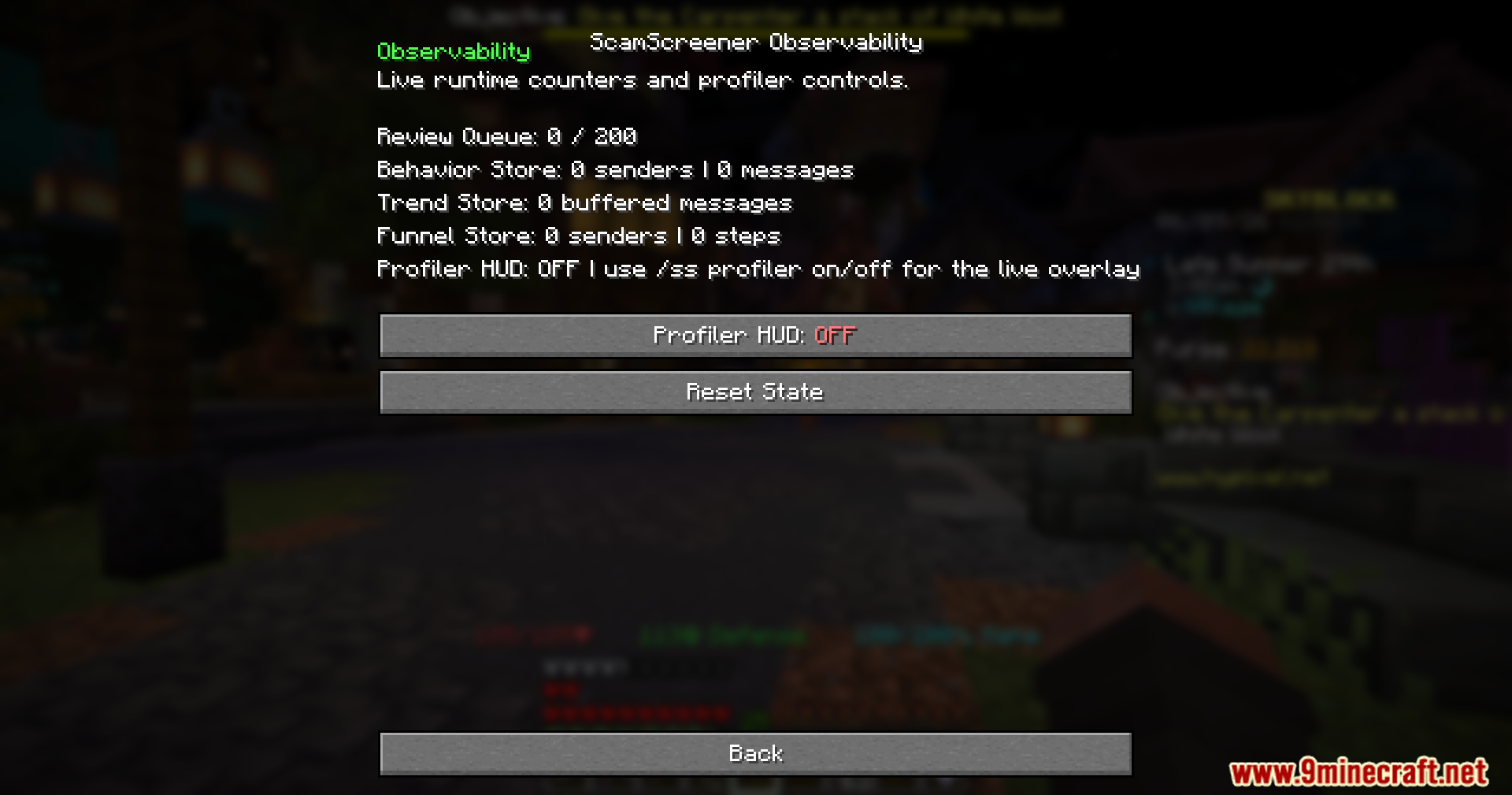 ScamScreener for Hypixel Skyblock Mod Screenshot 7 Minecraft interface displaying observability settings and live runtime counters for online players