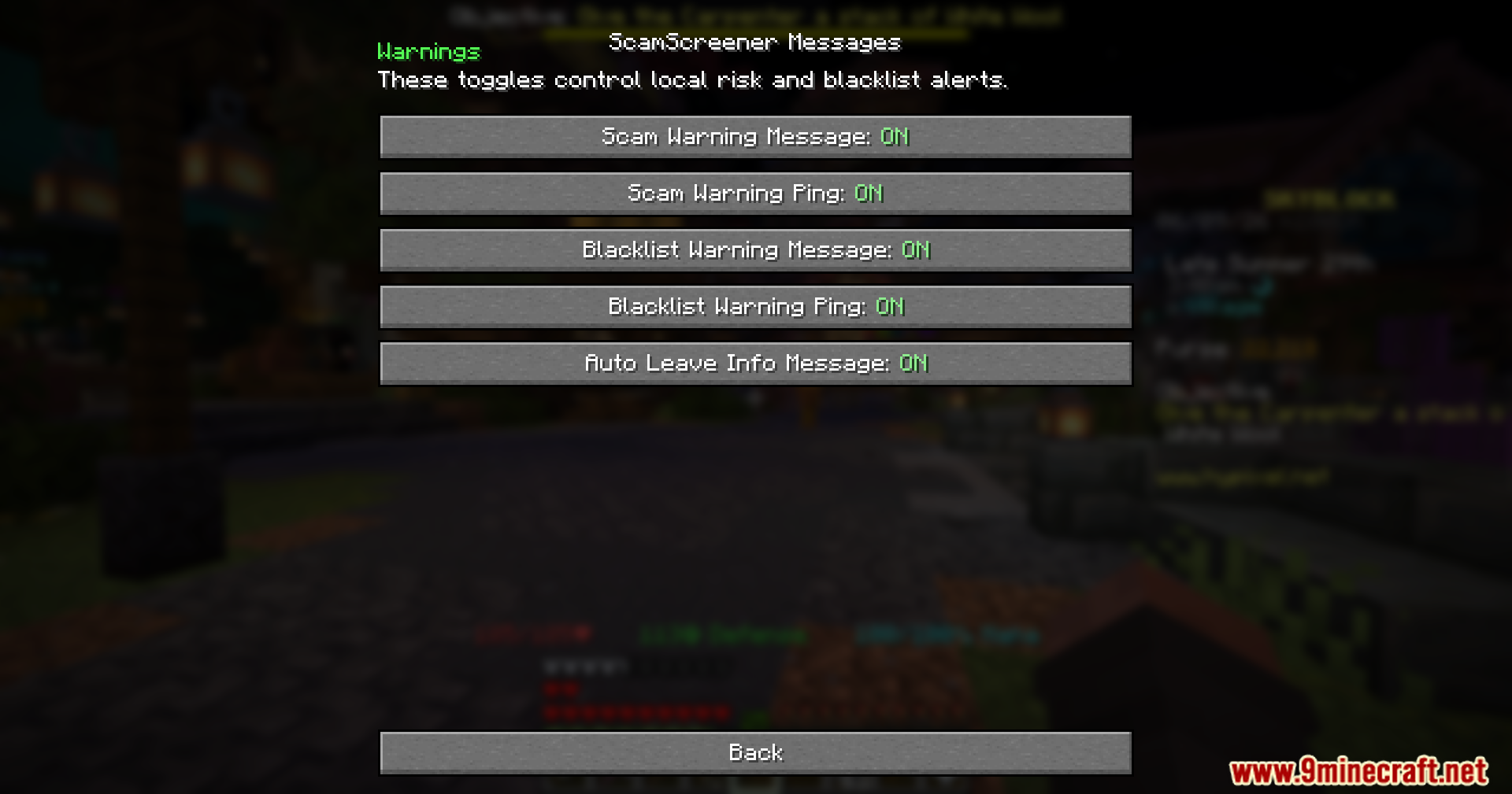ScamScreener for Hypixel Skyblock Mod Screenshot 8 Minecraft menu with toggle buttons for scam warnings and blacklist alert messages