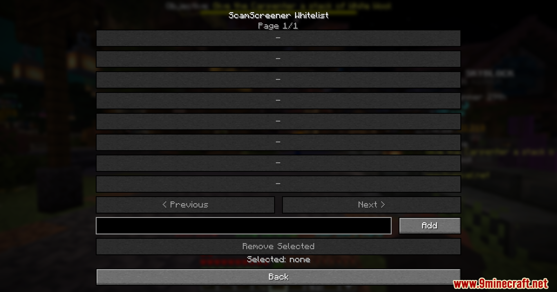 ScamScreener for Hypixel Skyblock Mod Screenshot 9 ScamScreener whitelist menu for managing trusted players in a Minecraft game world