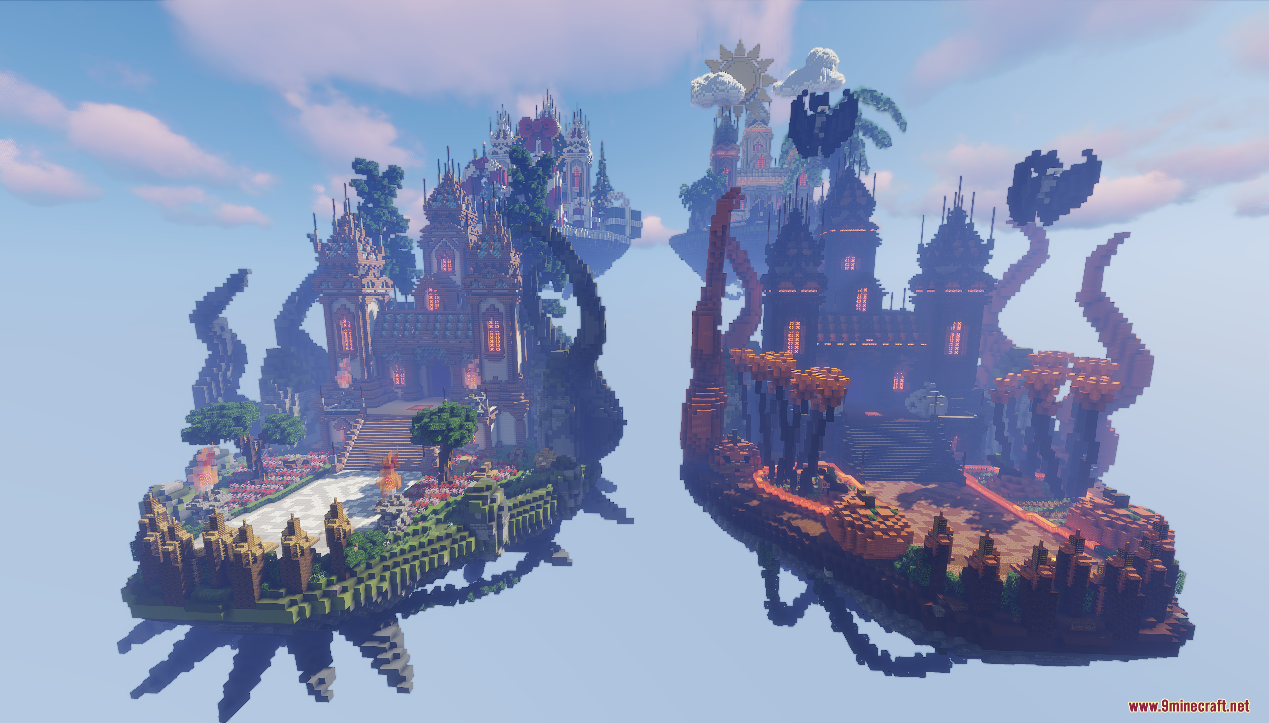 Two grand floating islands from the Seasonal Lobbies Map with contrasting themes