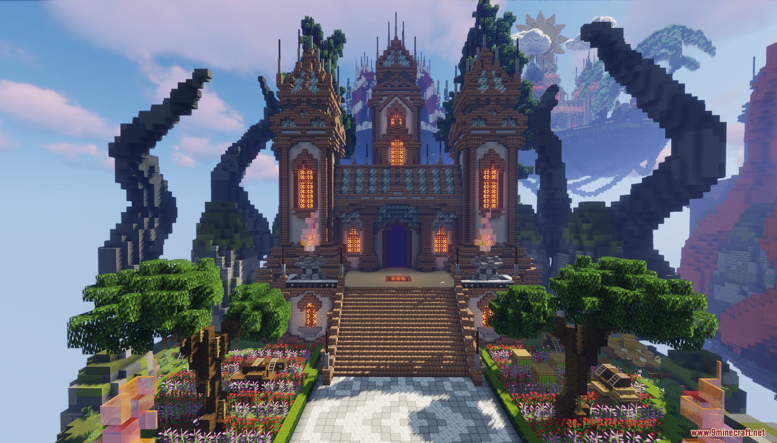 A majestic building on a floating island surrounded by lush gardens and trees
