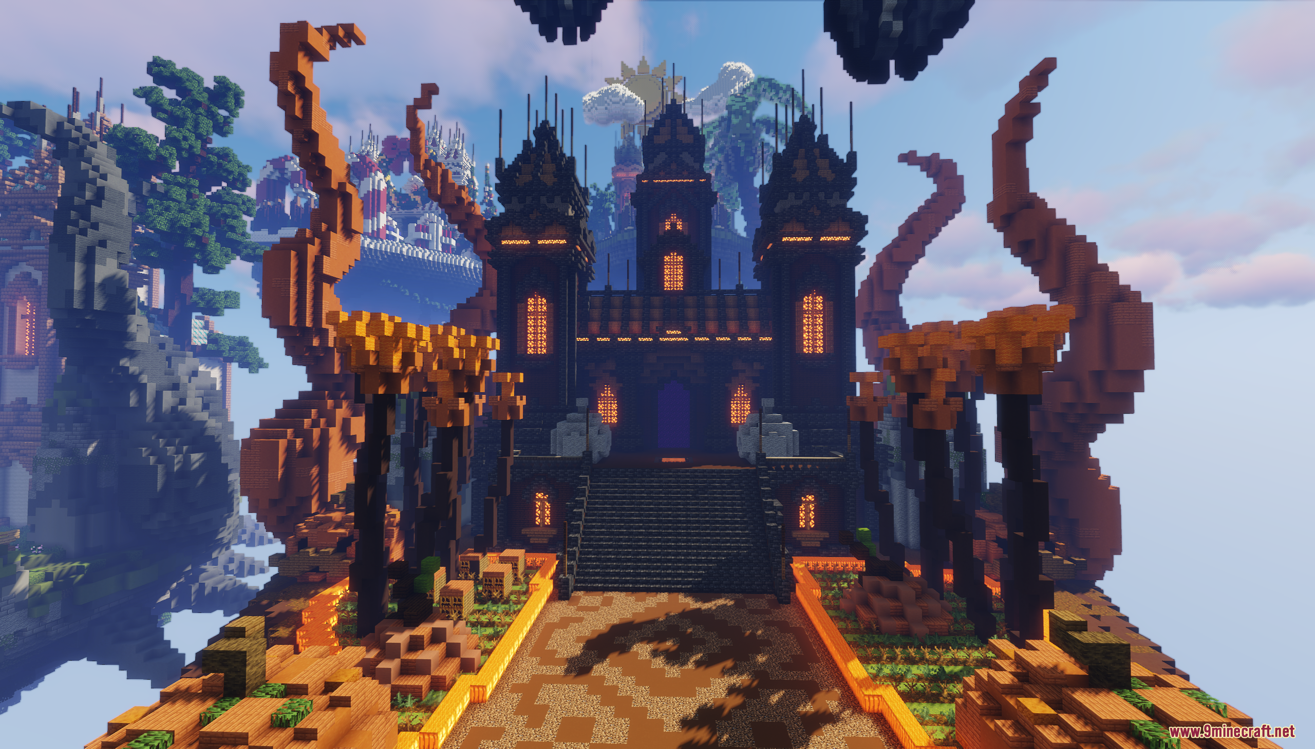 Dark gothic castle with orange tentacles on a floating Minecraft island