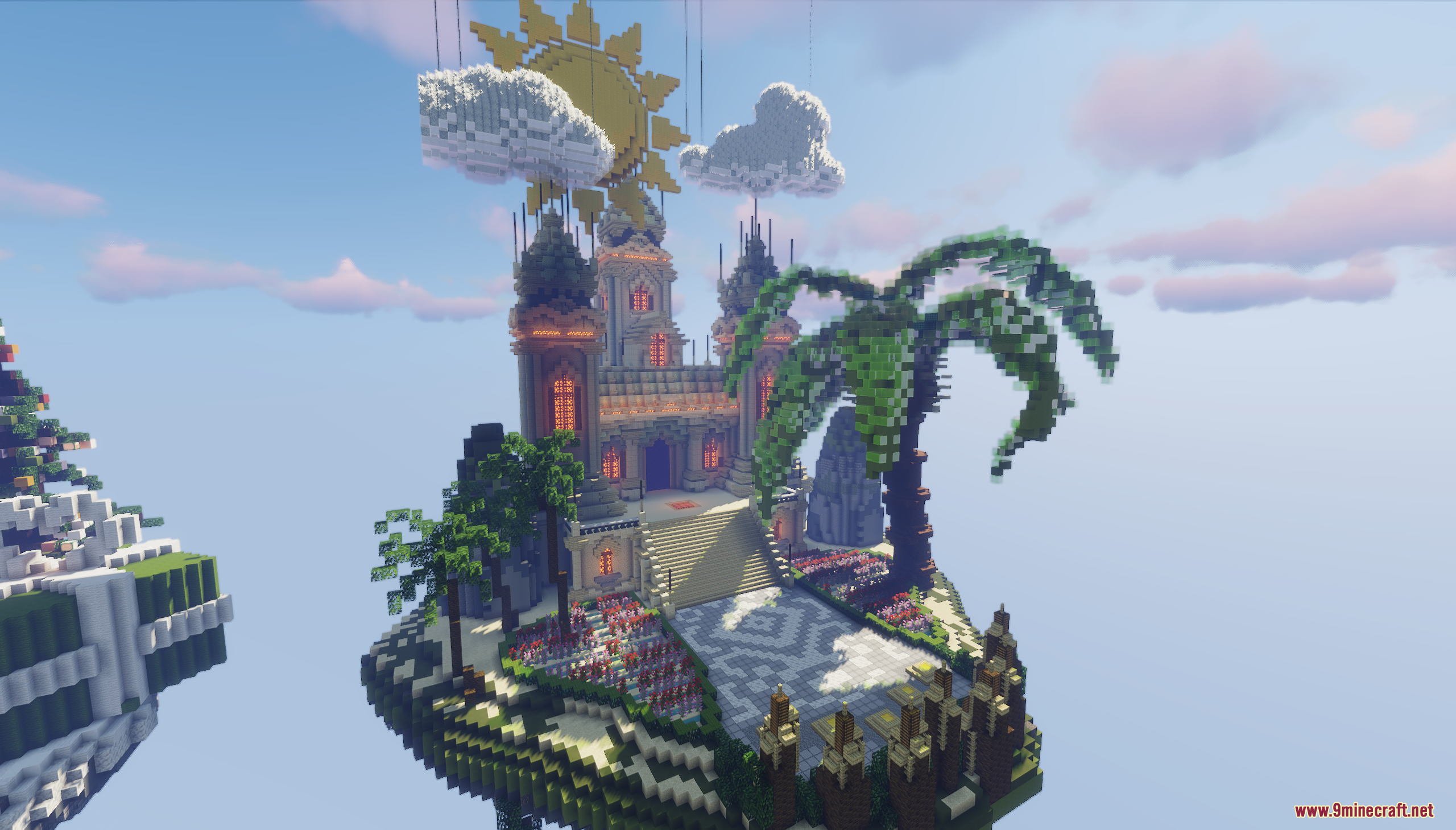 Bright summer castle with a palm tree on a floating Minecraft island