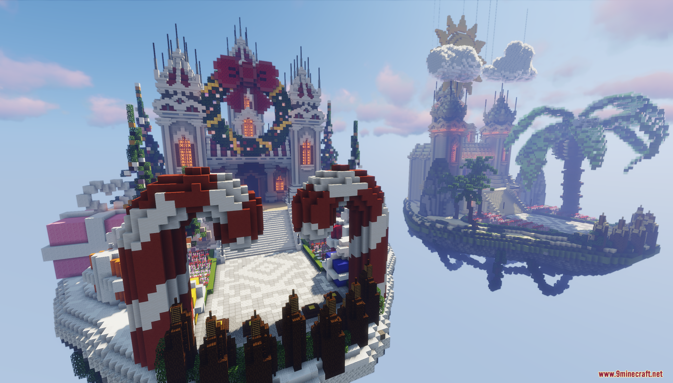 Floating islands in Minecraft decorated with giant candy canes and a festive building