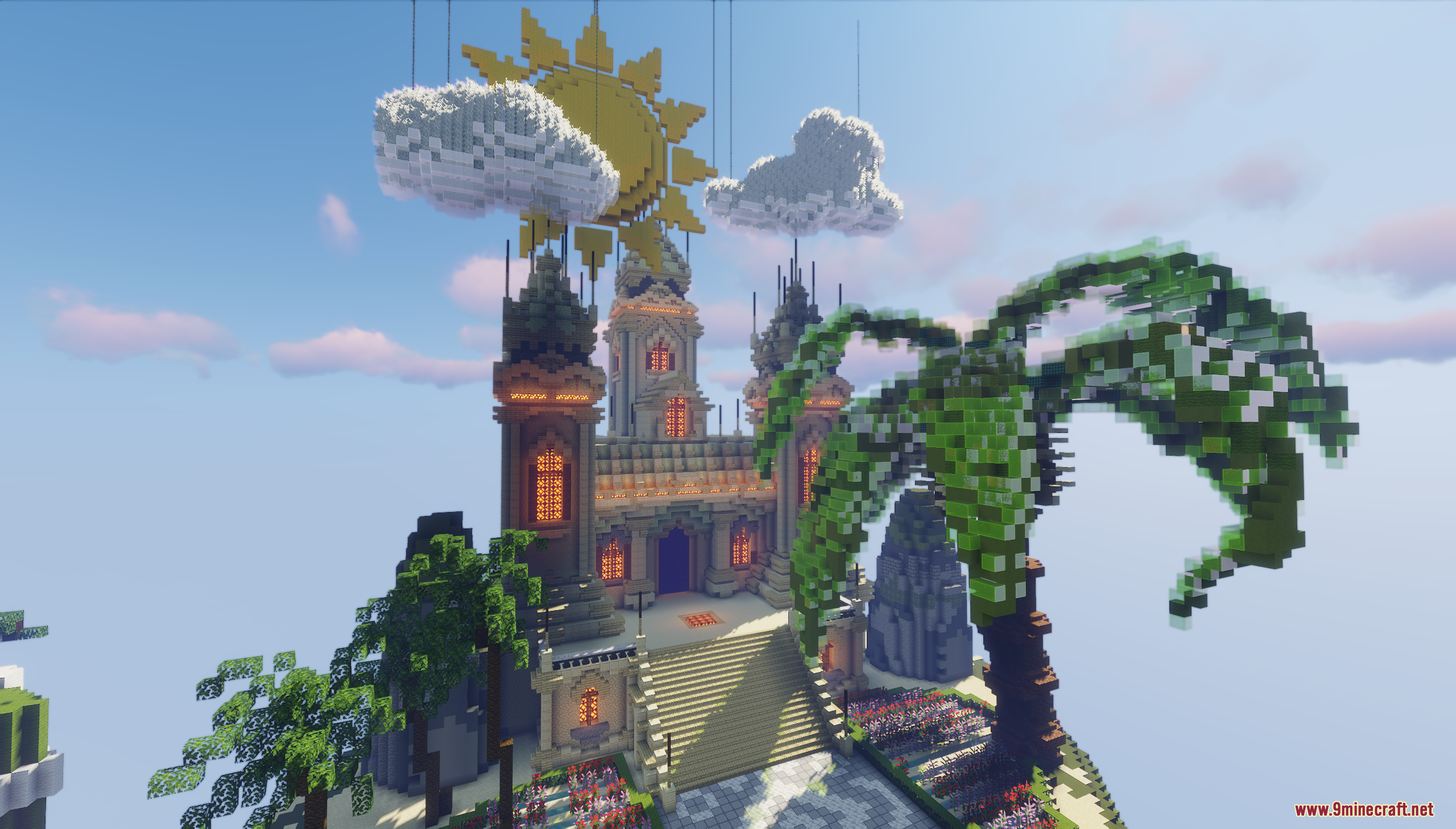 Bright summer themed lobby featuring a large sun and a palm tree