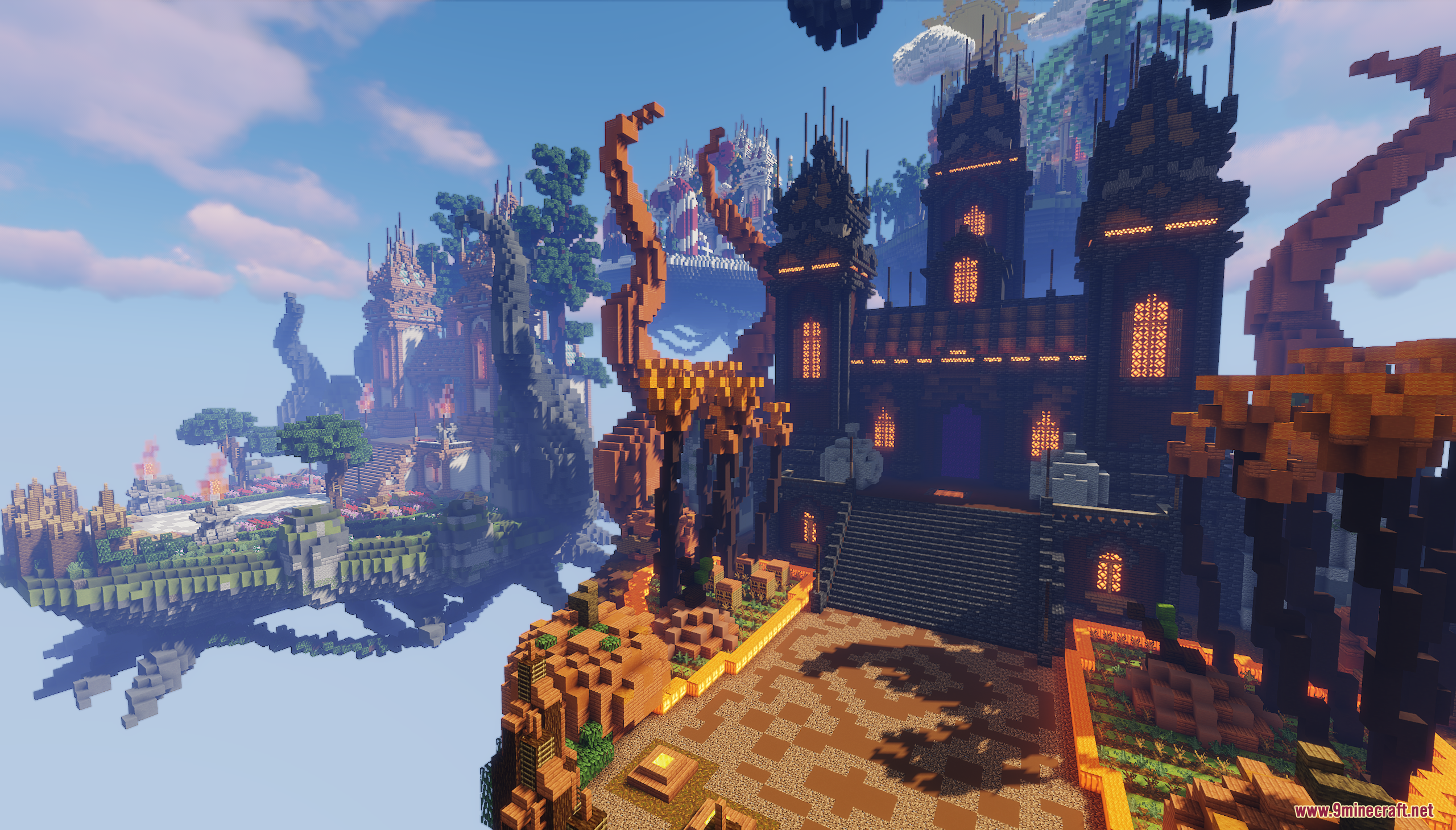 Dark autumn themed lobby with glowing windows and floating islands in the sky