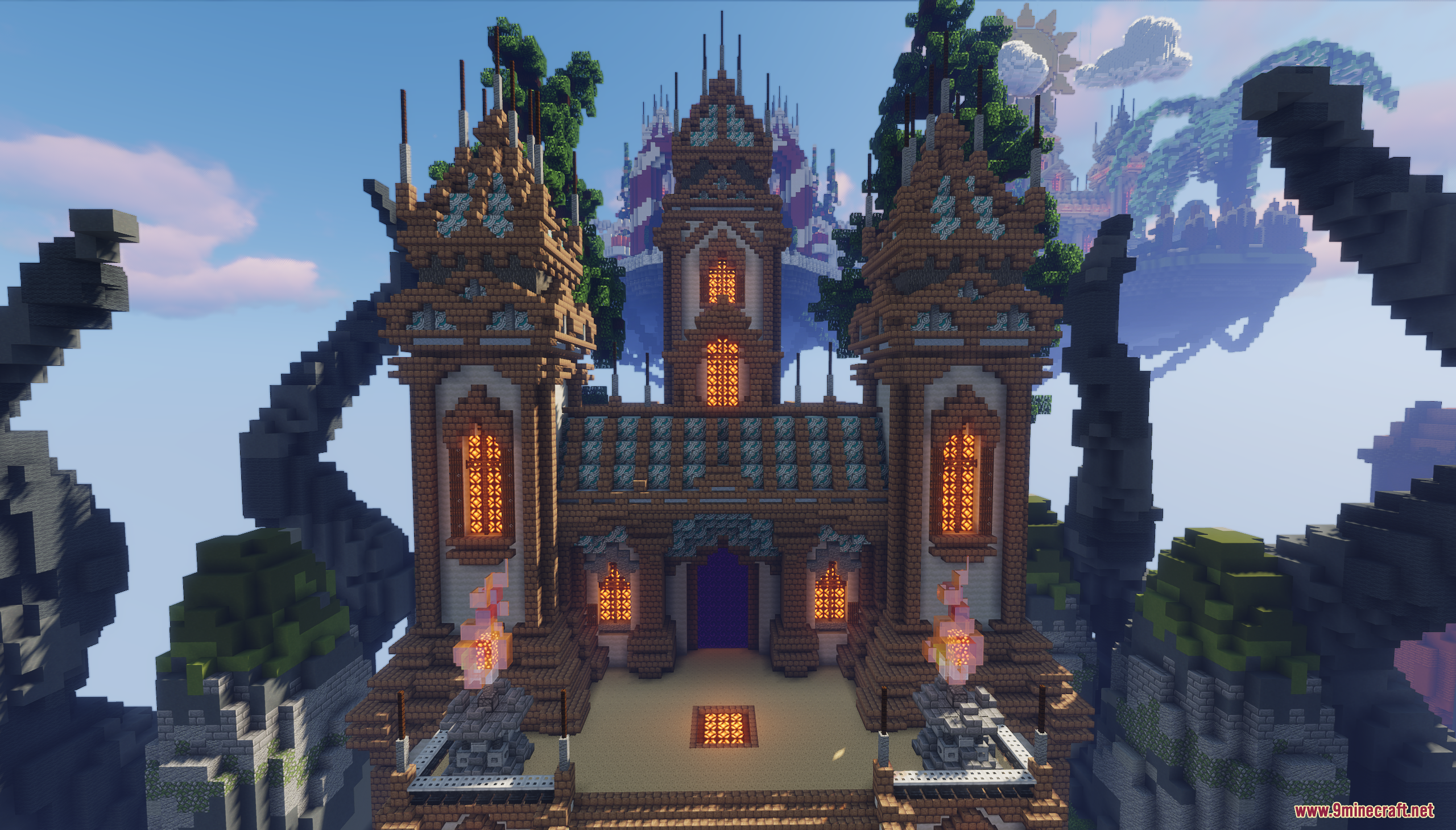 A grand wooden castle with glowing windows and a central purple portal