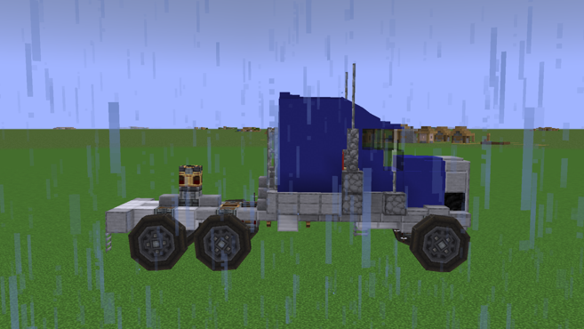 Semi Trailer Truck Semi Truck Schematic Screenshots 1 Side profile of a blue semi truck cab in a rainy Minecraft world