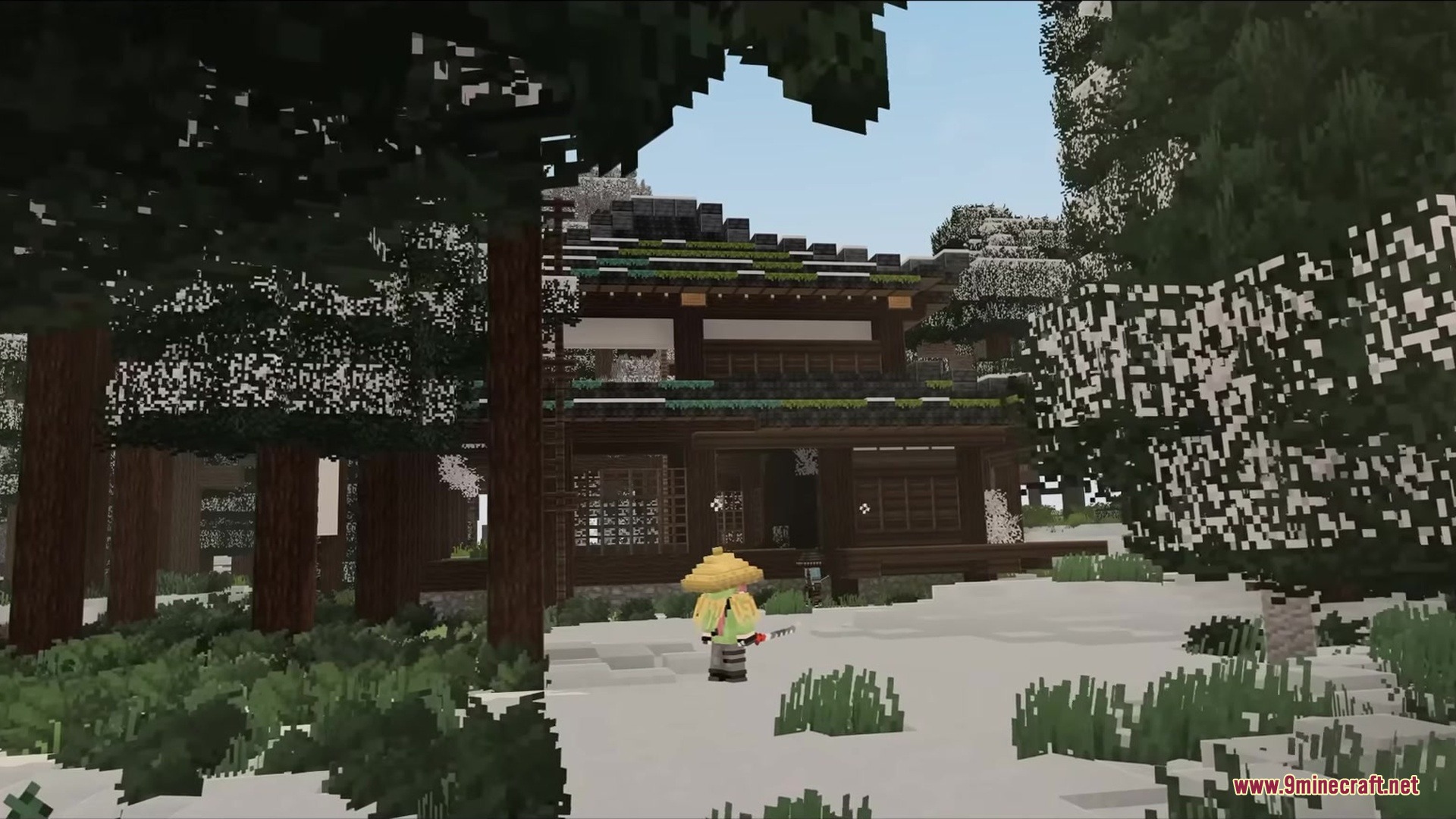 Sengoku Jidai Mod Screenshot 9 A player wearing a straw hat stands near a traditional wooden house