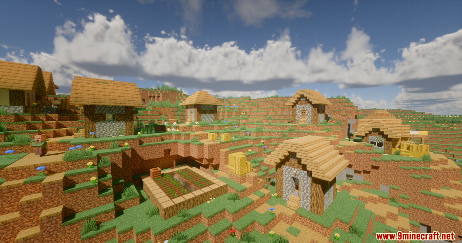 Serendipity Shaders Screenshot 1 A peaceful Minecraft village on a hill featuring realistic lighting and soft clouds