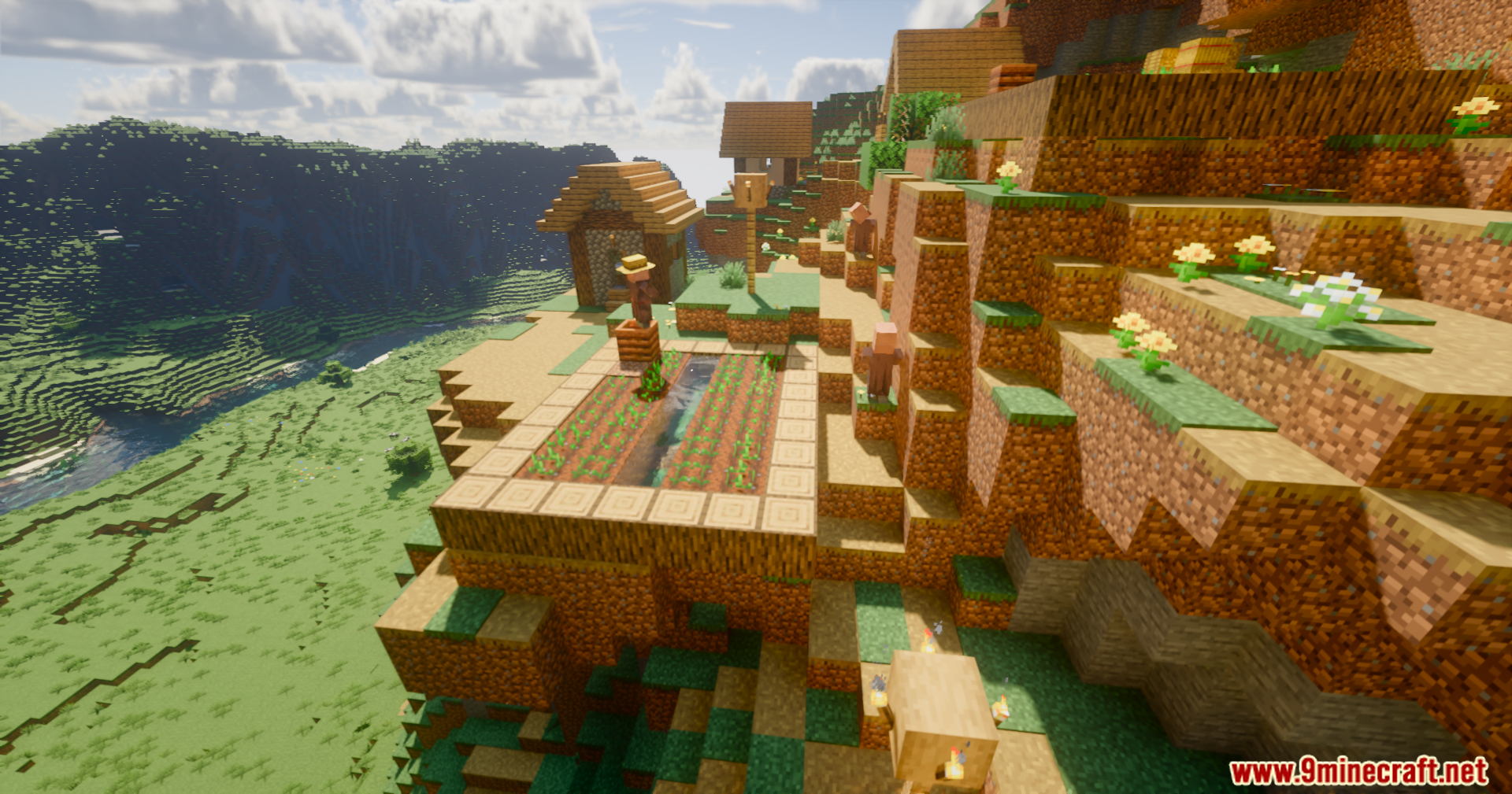 Serendipity Shaders Screenshot 2 A villager tending a farm on a cliff overlooking a scenic valley