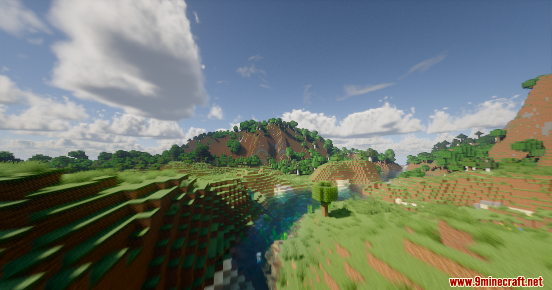 Serendipity Shaders Screenshot 6 A winding river with realistic water reflections flows through a lush green valley
