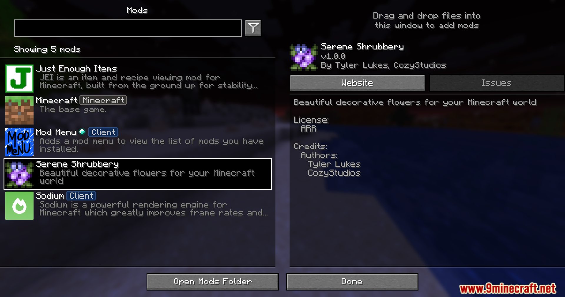 Serene Shrubbery Fabric Mod Screenshot 1 Minecraft mod menu interface displaying the Serene Shrubbery mod and other mods