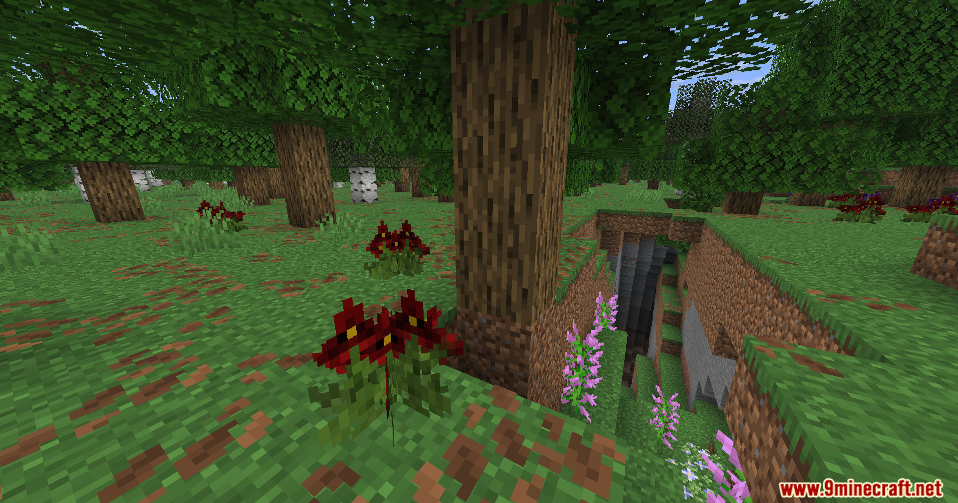 Serene Shrubbery Fabric Mod Screenshot 8 Colorful Pansies and Foxgloves growing near a deep ravine in the forest