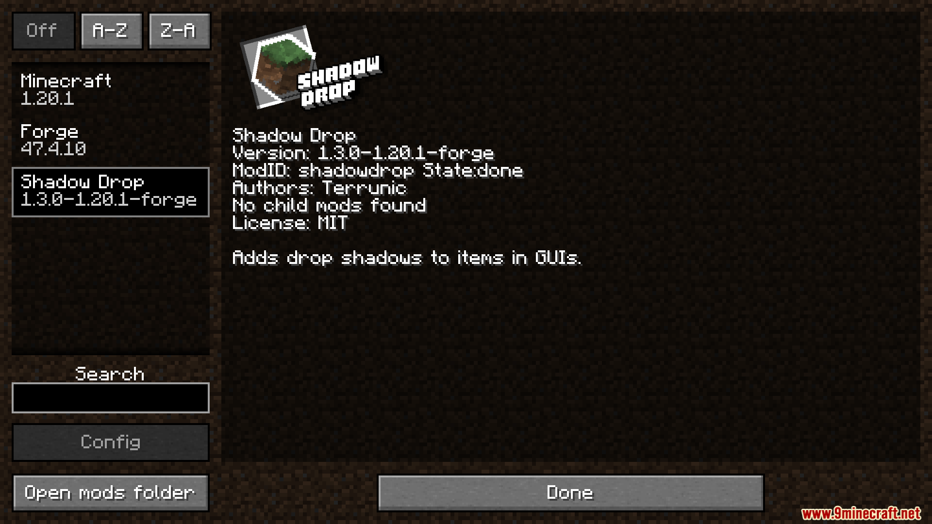 Shadow Drop Mod Screenshot 1 Minecraft mod menu screen displaying details for the Shadow Drop modification