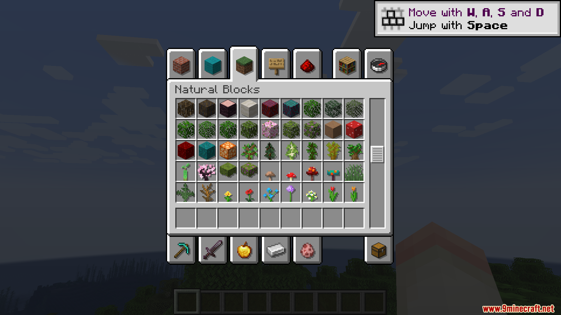 Shadow Drop Mod Screenshot 10 Natural blocks menu in Minecraft creative mode with shadows behind the block icons