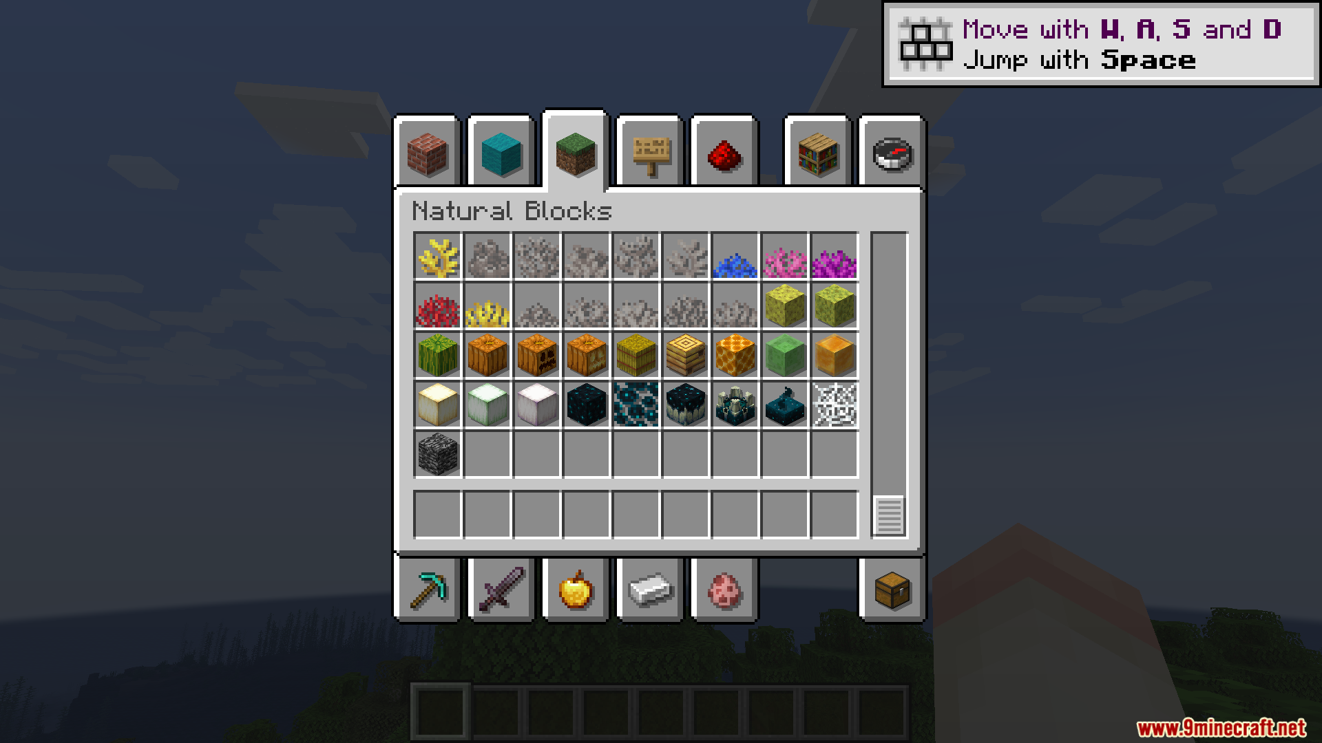 Shadow Drop Mod Screenshot 11 Minecraft inventory screen showing natural blocks with shadows behind each item icon