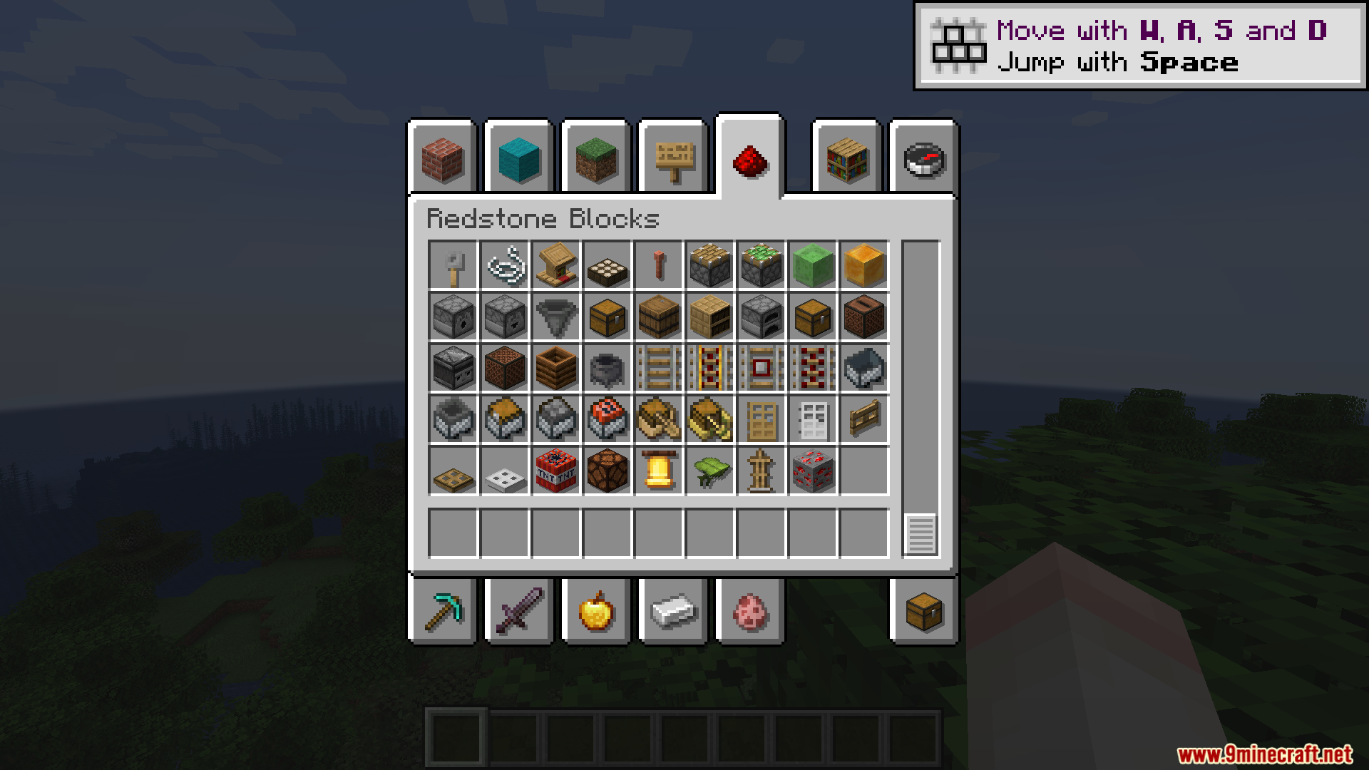 Shadow Drop Mod Screenshot 6 Redstone inventory tab displaying various blocks with subtle dark shadows behind icons